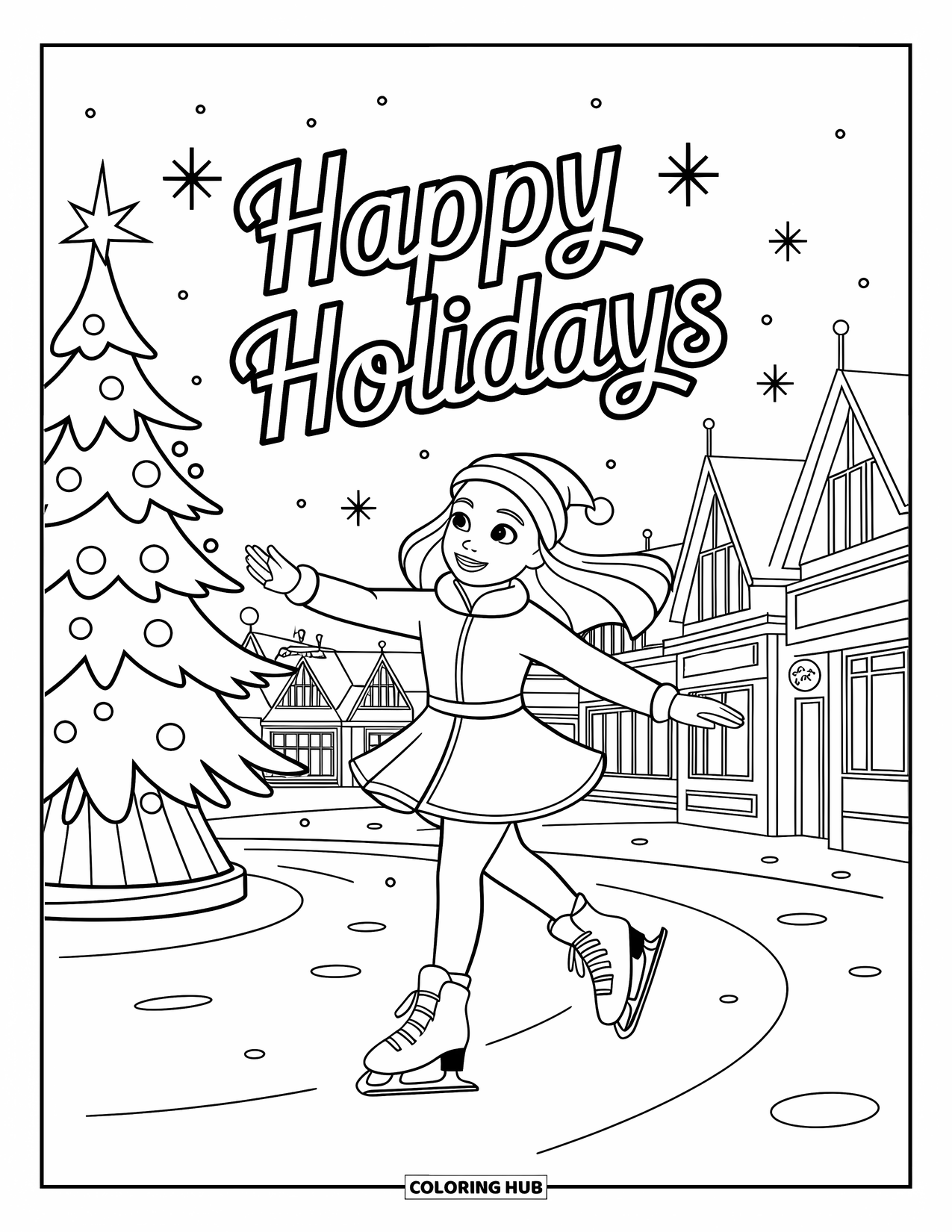 Happy Holidays Coloring Page for Kids: Skater glides across a festive square with holiday words above