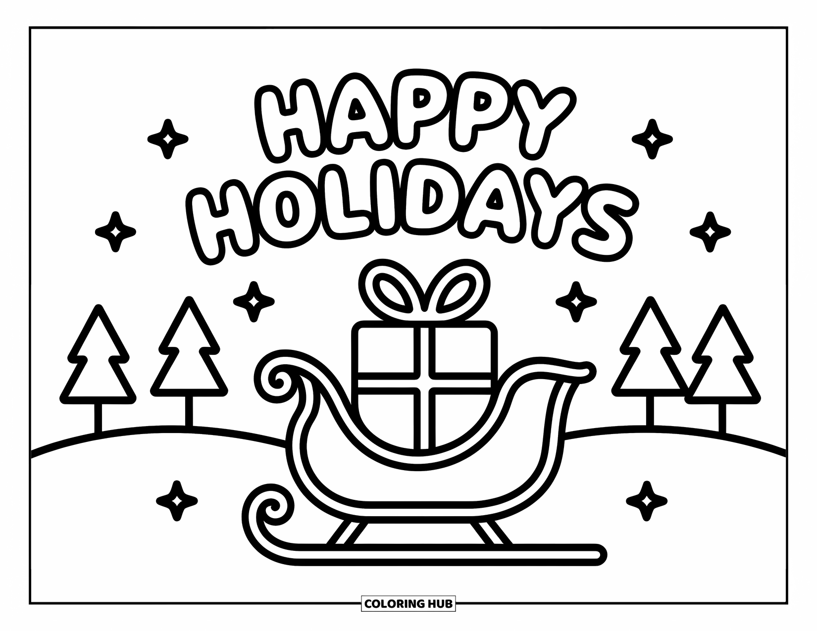 Happy Holidays Coloring Page for Kids: Sleigh with one present and playful holiday text