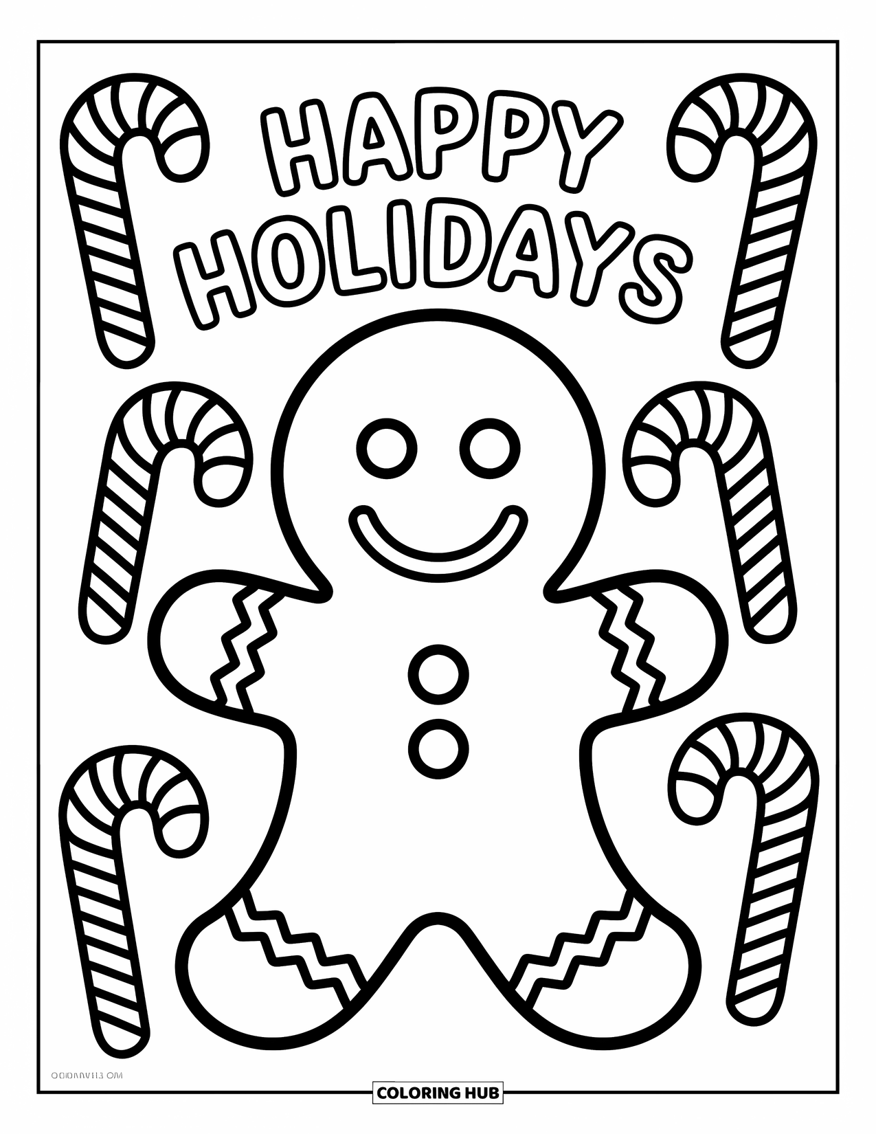 Happy Holidays Coloring Page for Kids: Smiling gingerbread man surrounded by candy canes and festive letters