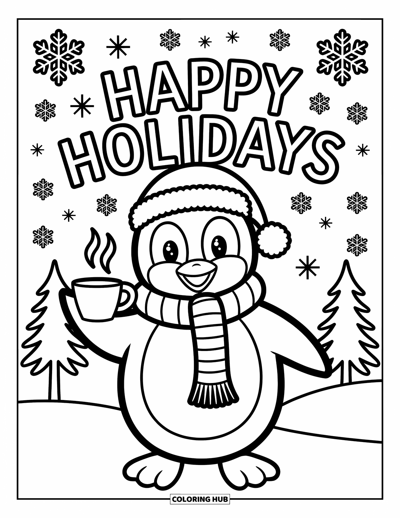Happy Holidays Coloring Page for Kids: Smiling penguin holds cocoa in snowy scene