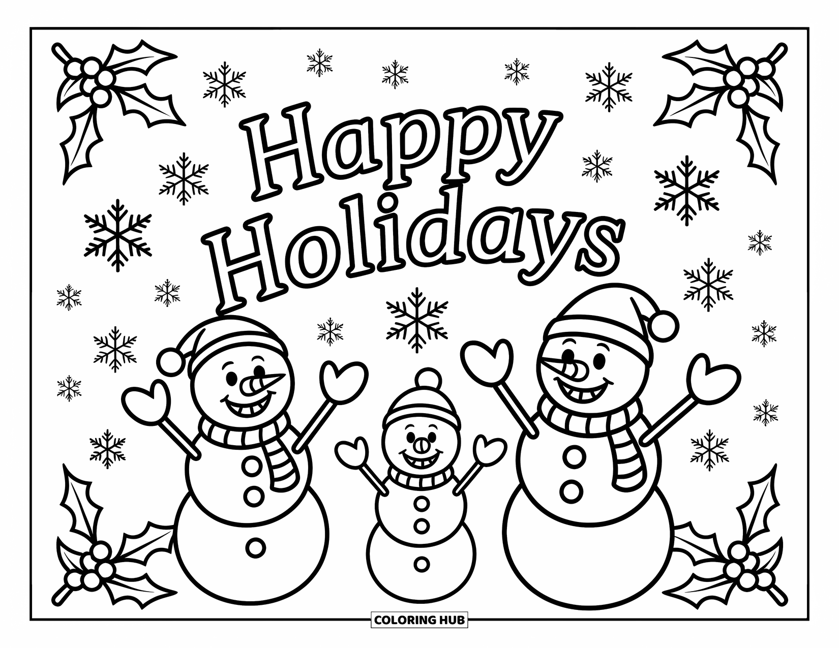 Happy Holidays Coloring Page for Kids: Smiling snowmen and festive message in a snowy scene