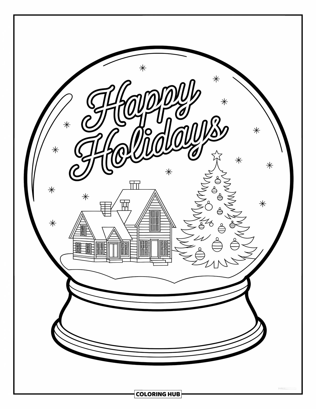 Happy Holidays Coloring Page for Kids: Snow globe village and festive tree with holiday greeting