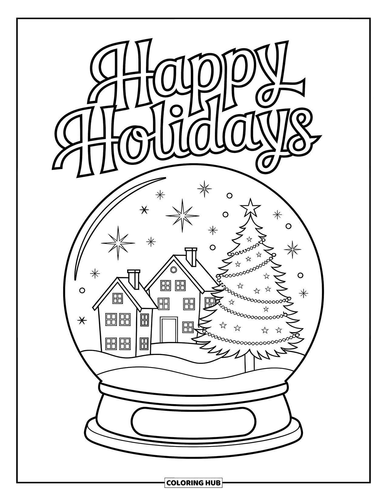 Happy Holidays Coloring Page for Kids: Snow globe with decorated tree and warm holiday lettering