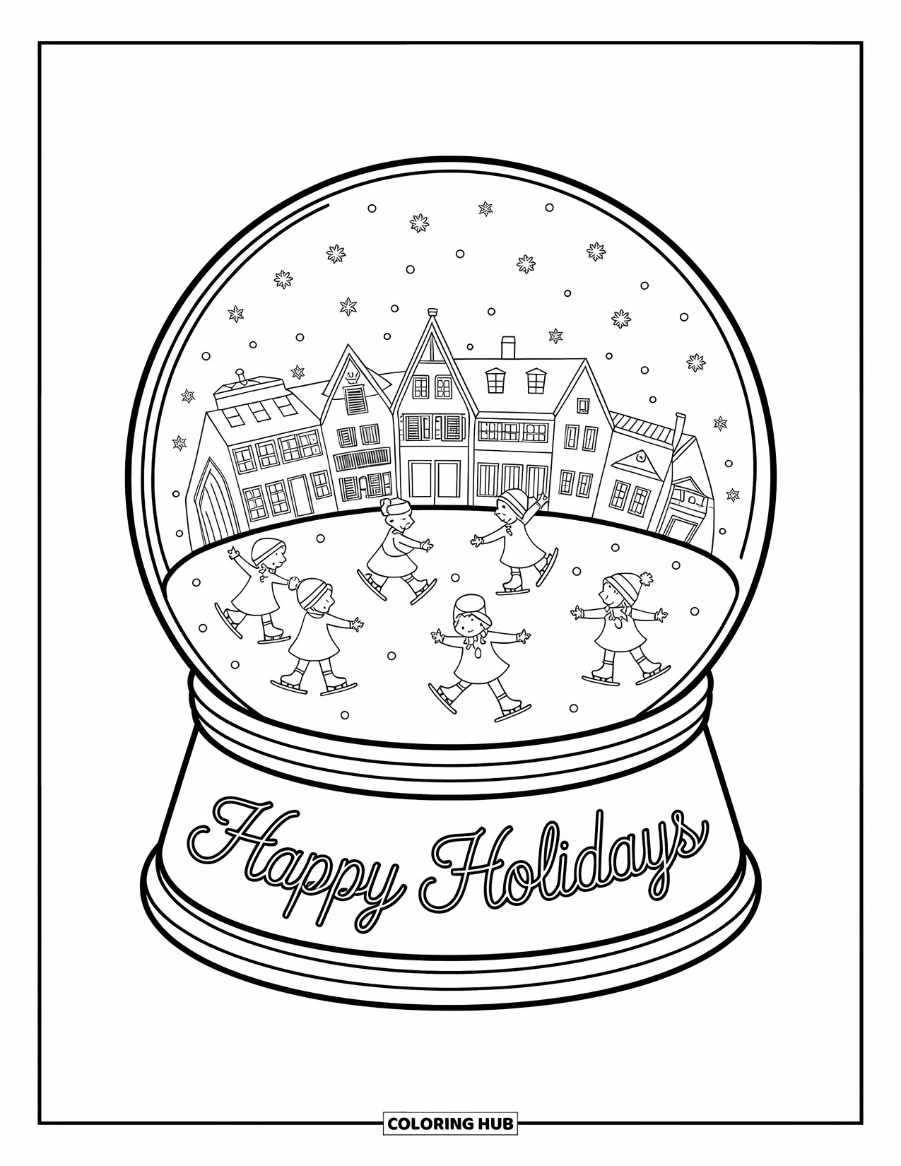Happy Holidays Coloring Page for Kids: Snow globe with village fun and a sweet holiday greeting