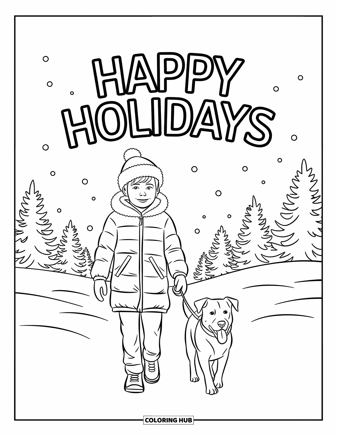 Happy Holidays Coloring Page for Kids: Teen boy walks his dog through snow beneath a holiday banner