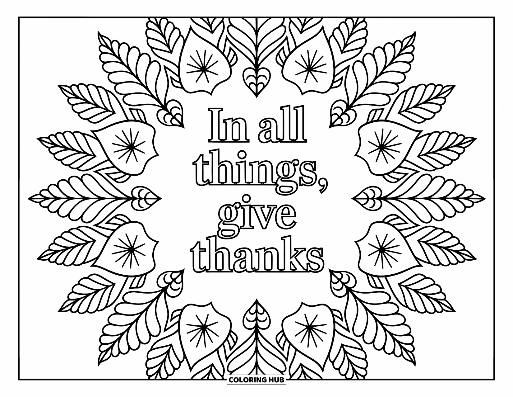 Happy Thanksgiving Coloring Page for Adults: A full-page fall mandala surrounds "In All Things, Give Thanks" in elegant outlined text