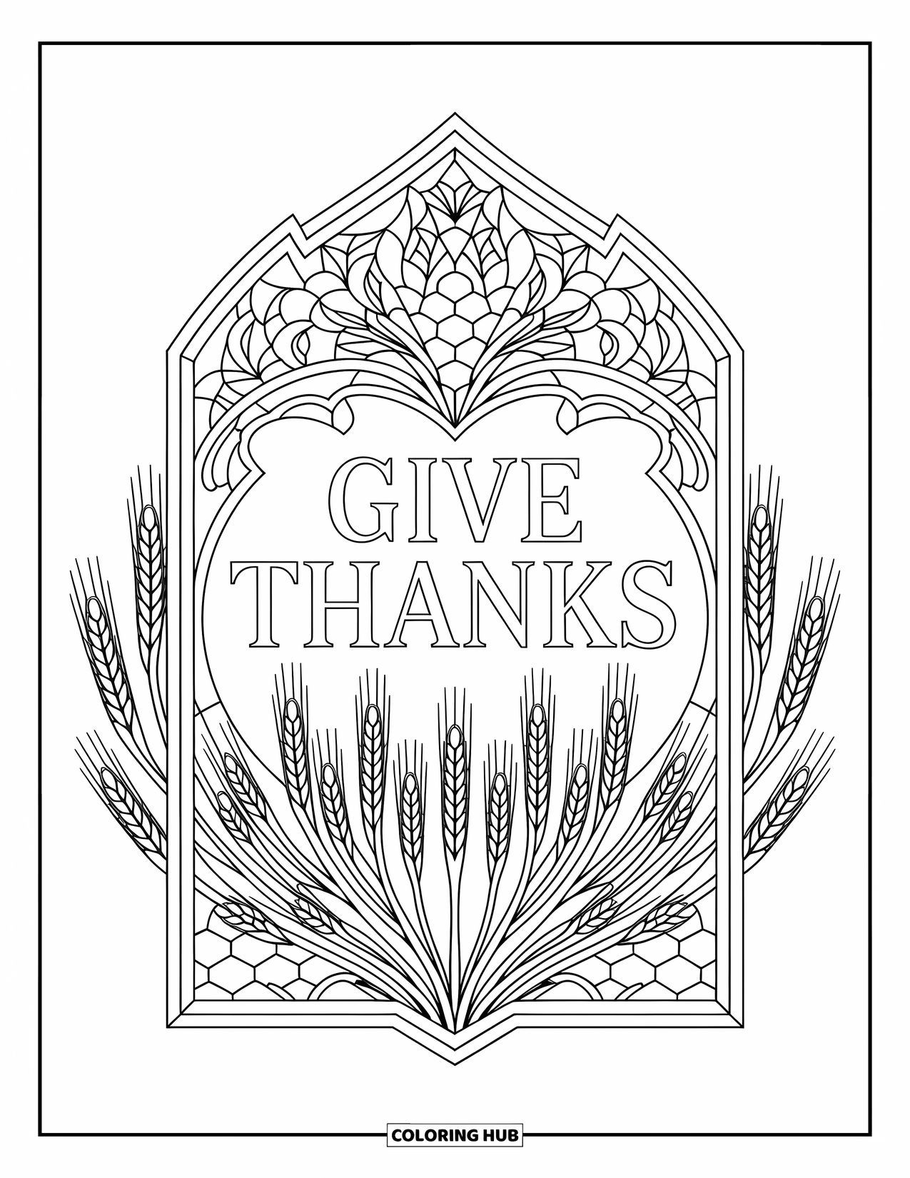 Happy Thanksgiving Coloring Page for Adults: A glowing stained-glass frame holds "Give Thanks" with soft floral and wheat details