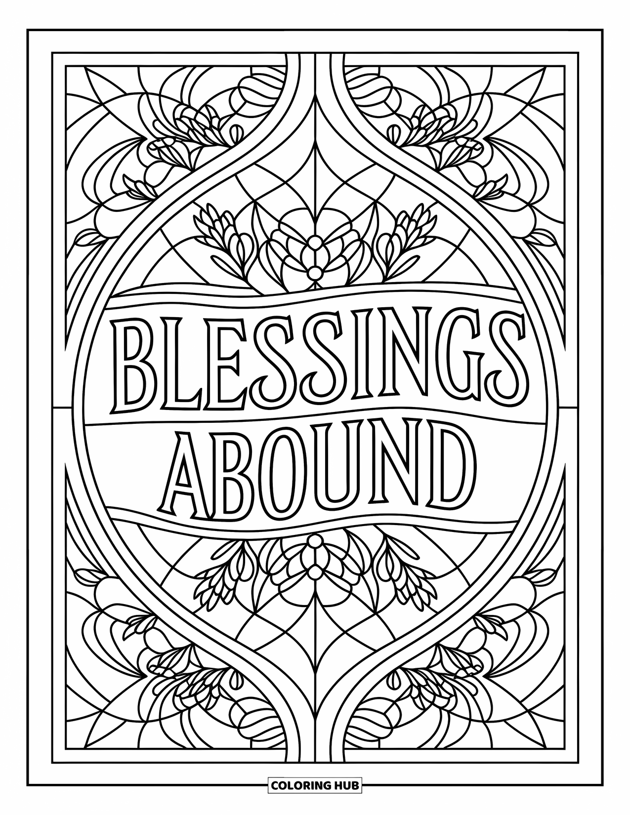 Happy Thanksgiving Coloring Page for Adults: "Blessings Abound" glows at the center of a stained-glass design with elegant patterns