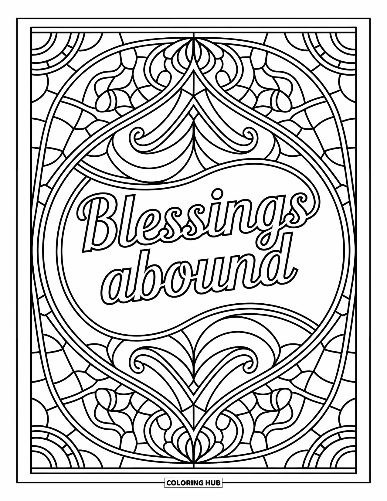 Happy Thanksgiving Coloring Page for Adults: "Blessings Abound" shines in a stained-glass pattern with flowers and soft geometric lines