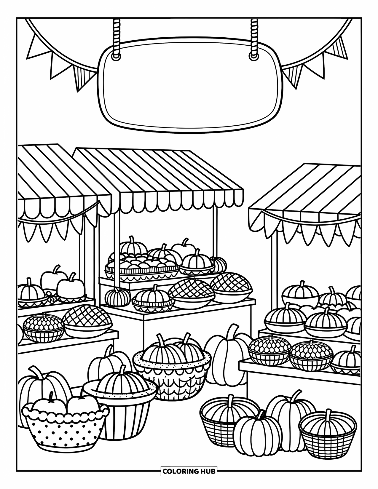Happy Thanksgiving Coloring Page for Adults: Charming stalls sell pies and squash under a "Harvest Market" sign