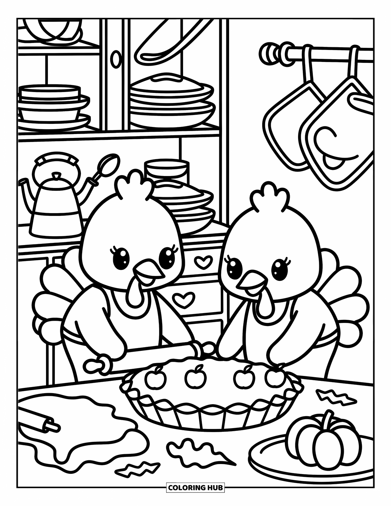 Happy Thanksgiving Coloring Page for Adults: Cheerful turkeys make pie in a warm kitchen filled with playful kitchen items