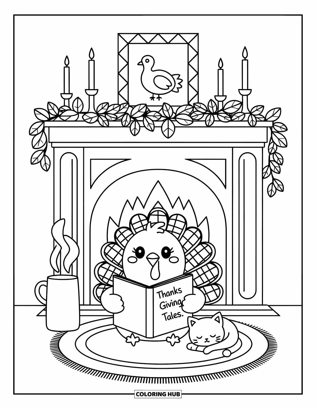 Happy Thanksgiving Coloring Page for Adults: Cozy turkey reads by the fire beside a cat and glowing candles
