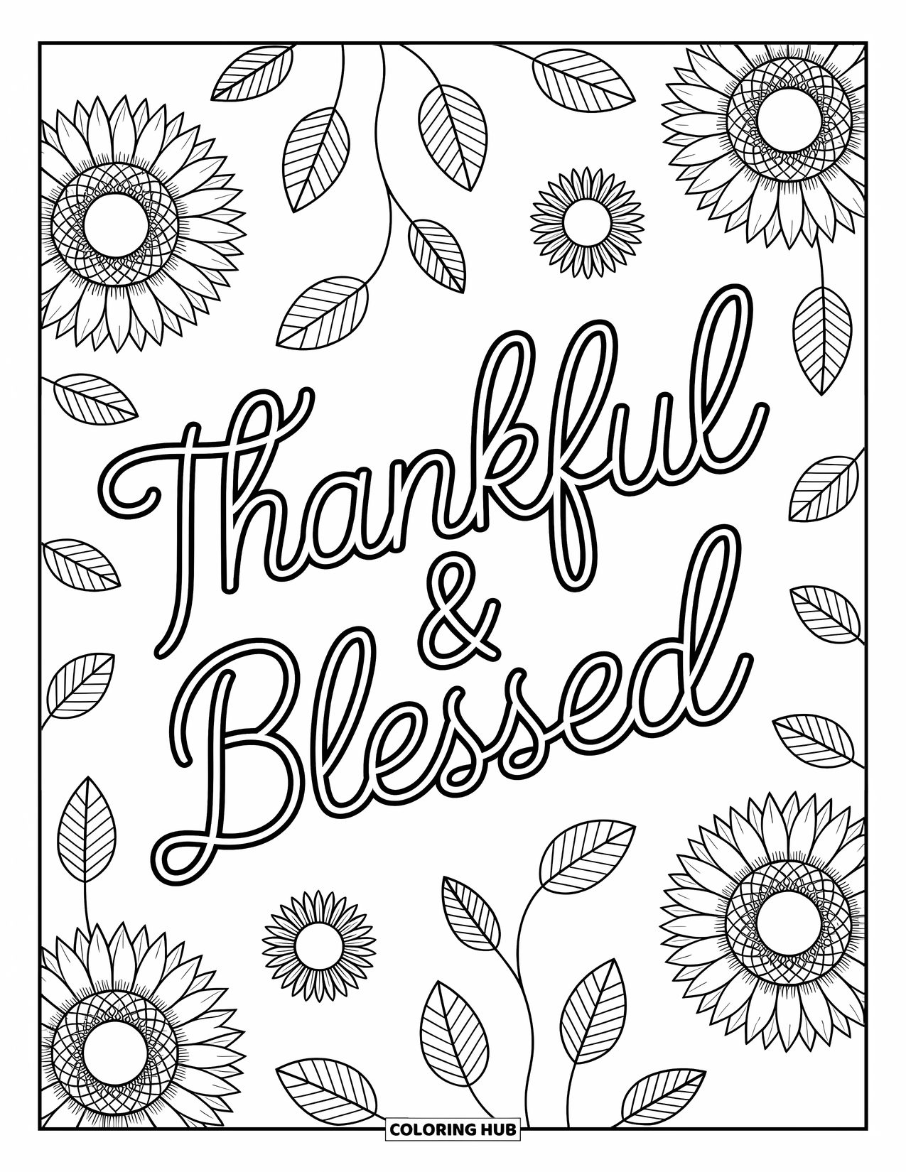 Happy Thanksgiving Coloring Page for Adults: Delicate sunflowers and line florals frame "Thankful & Blessed" in cursive script
