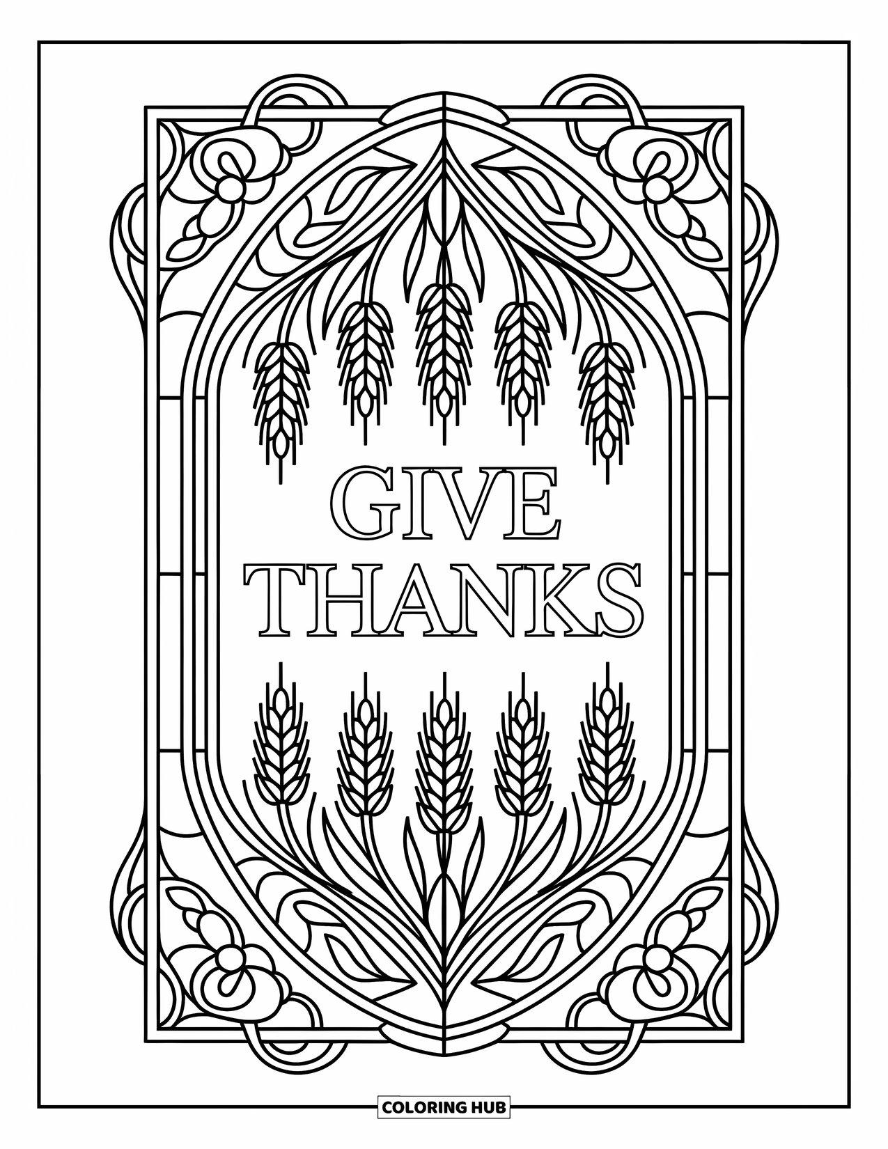 Happy Thanksgiving Coloring Page for Adults: "Give Thanks" rests within a stained-glass frame filled with vines and floral accents