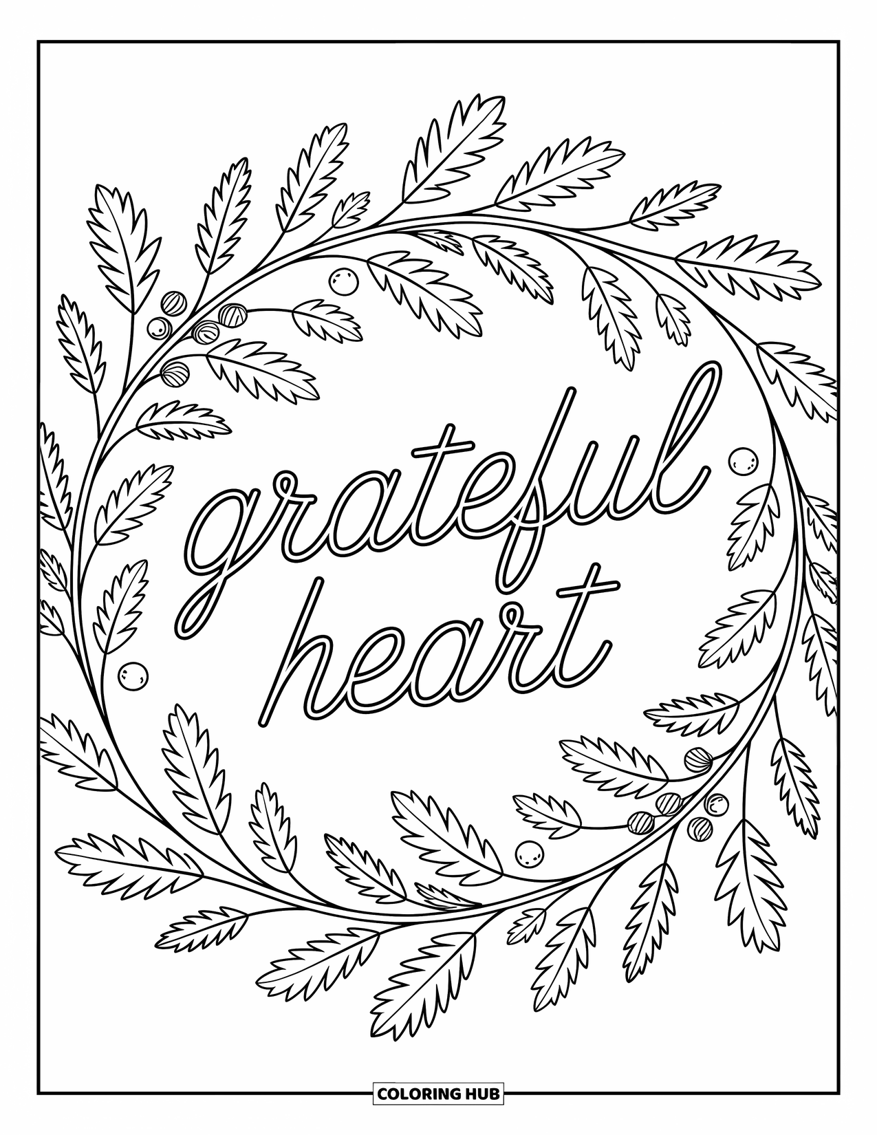 Happy Thanksgiving Coloring Page for Adults: "Grateful Heart" sits within a mandala of oak leaves, curling vines, and tiny berries