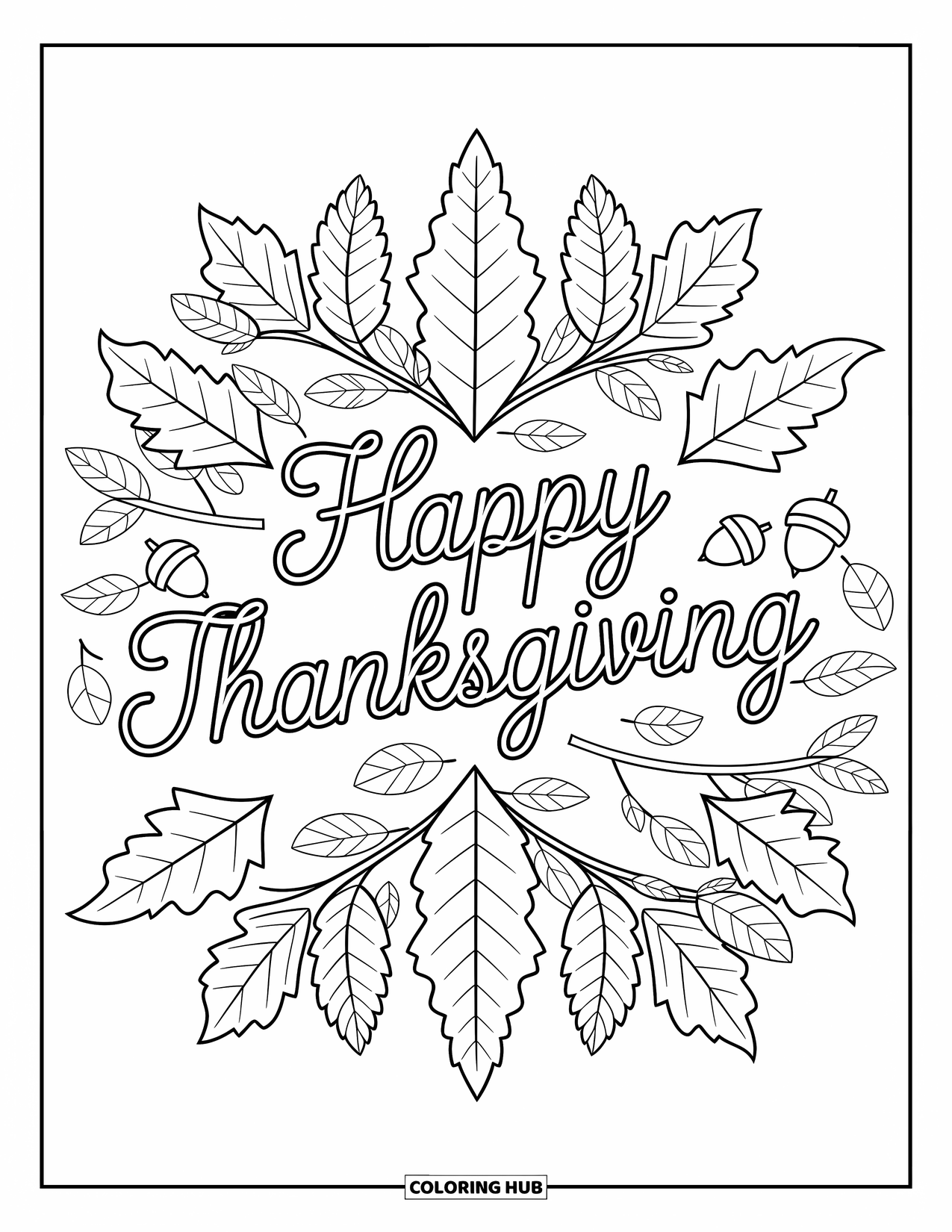 Happy Thanksgiving Coloring Page for Adults: "Happy Thanksgiving" appears in a mandala of autumn vines, acorns, and leafy florals
