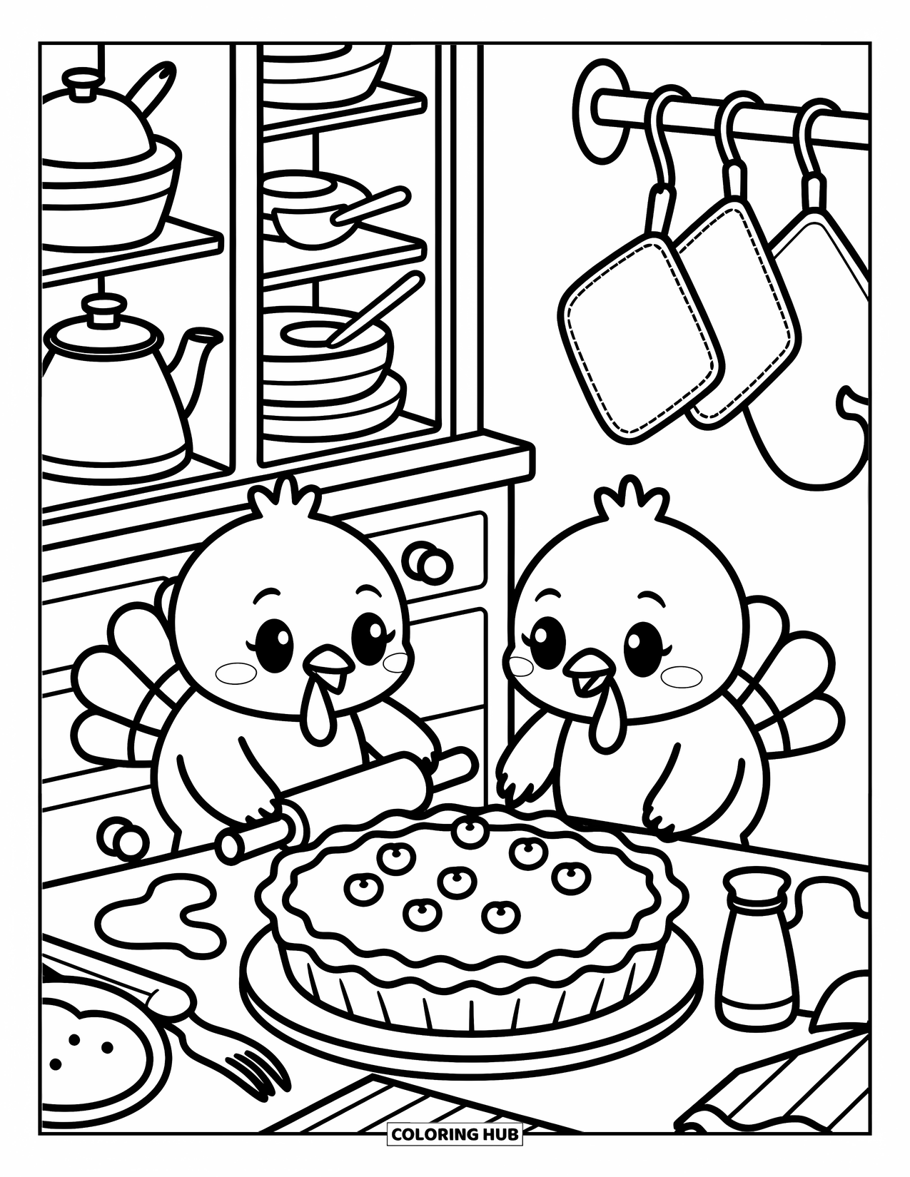 Happy Thanksgiving Coloring Page for Adults: Happy turkeys baking pie with rolling pin, apples, and hanging kitchen tools