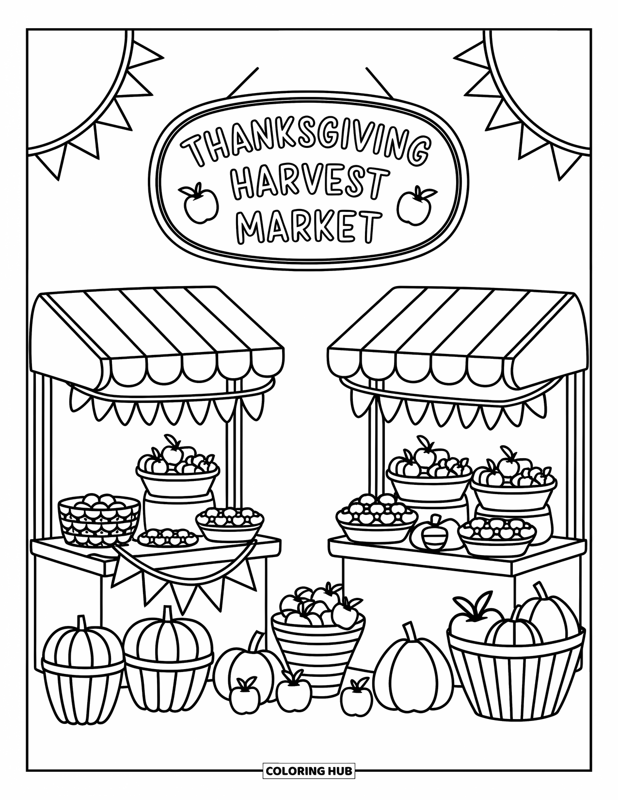 Happy Thanksgiving Coloring Page for Adults: Kawaii market full of pies, apples, and squash with flags and canopies