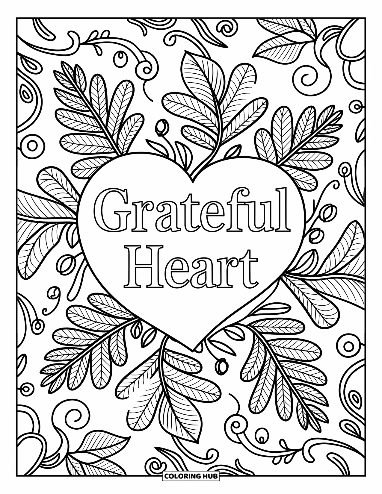 Happy Thanksgiving Coloring Page for Adults: Oak leaves and vines frame "Grateful Heart" in a calm and detailed mandala