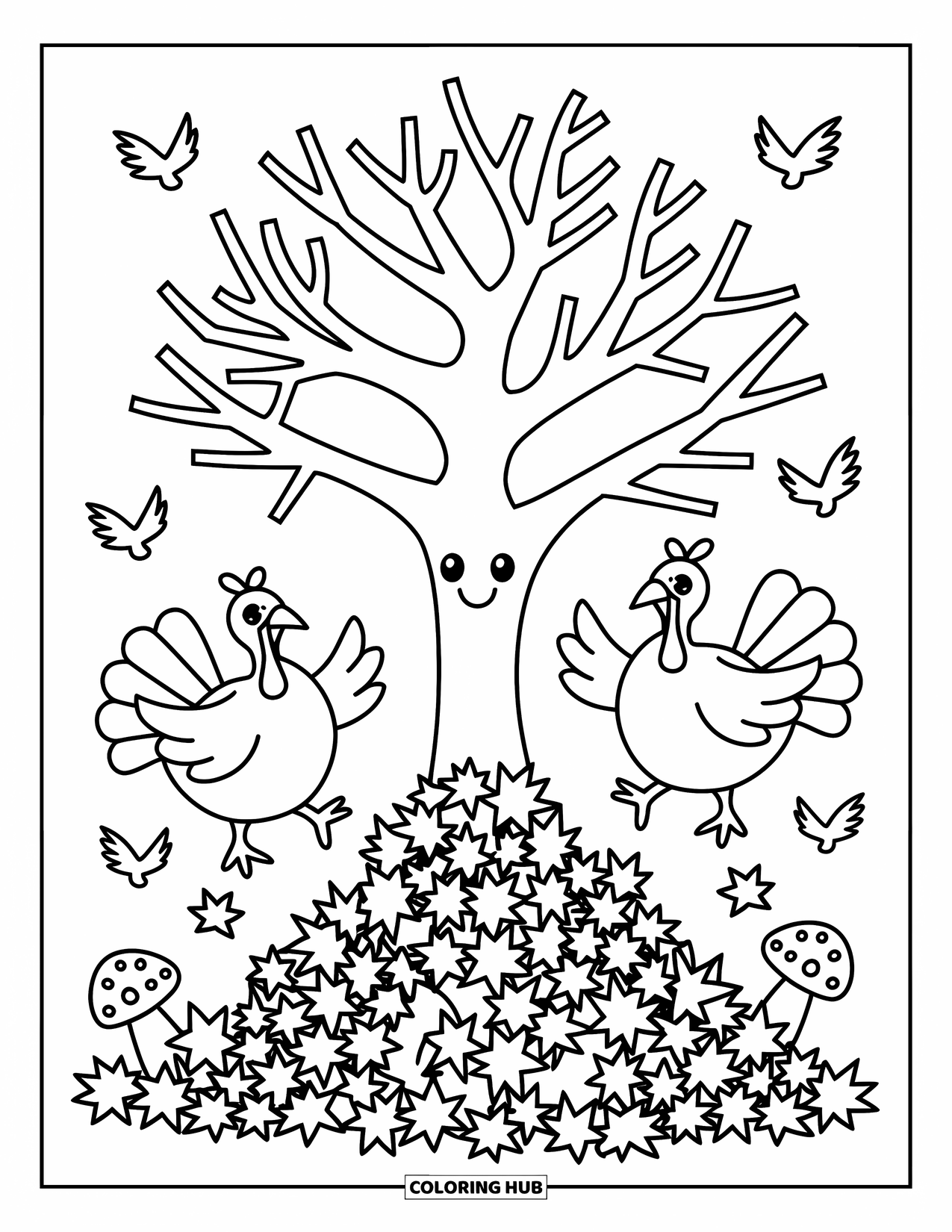 Happy Thanksgiving Coloring Page for Adults: Playful turkeys jump into a leaf pile under a smiling tree with pinecones