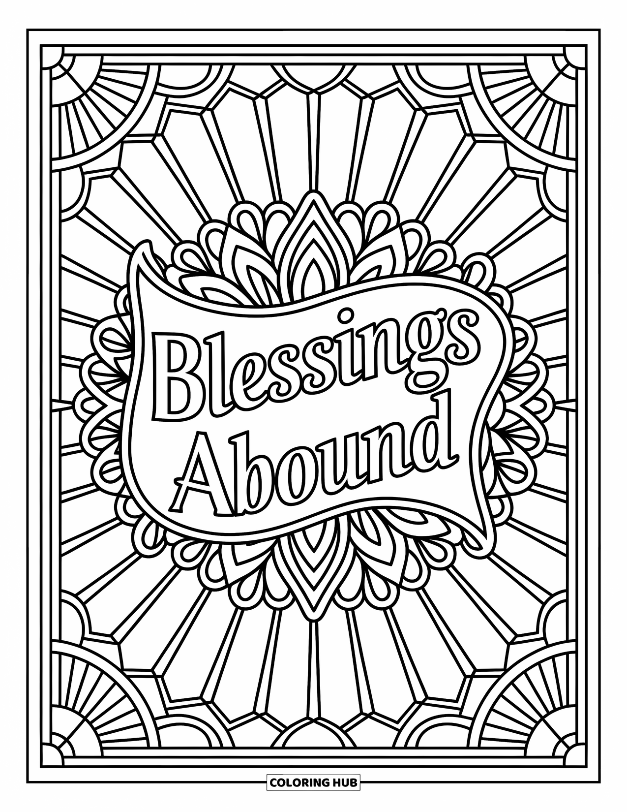 Happy Thanksgiving Coloring Page for Adults: Radiant stained-glass shapes frame "Blessings Abound" in soft curves and gentle florals