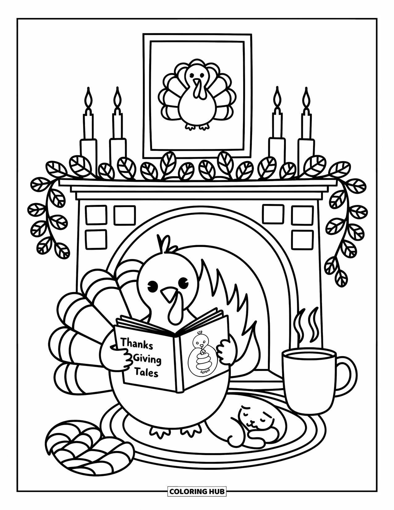 Happy Thanksgiving Coloring Page for Adults: Turkey snuggles by the fireplace with a book and a steaming mug