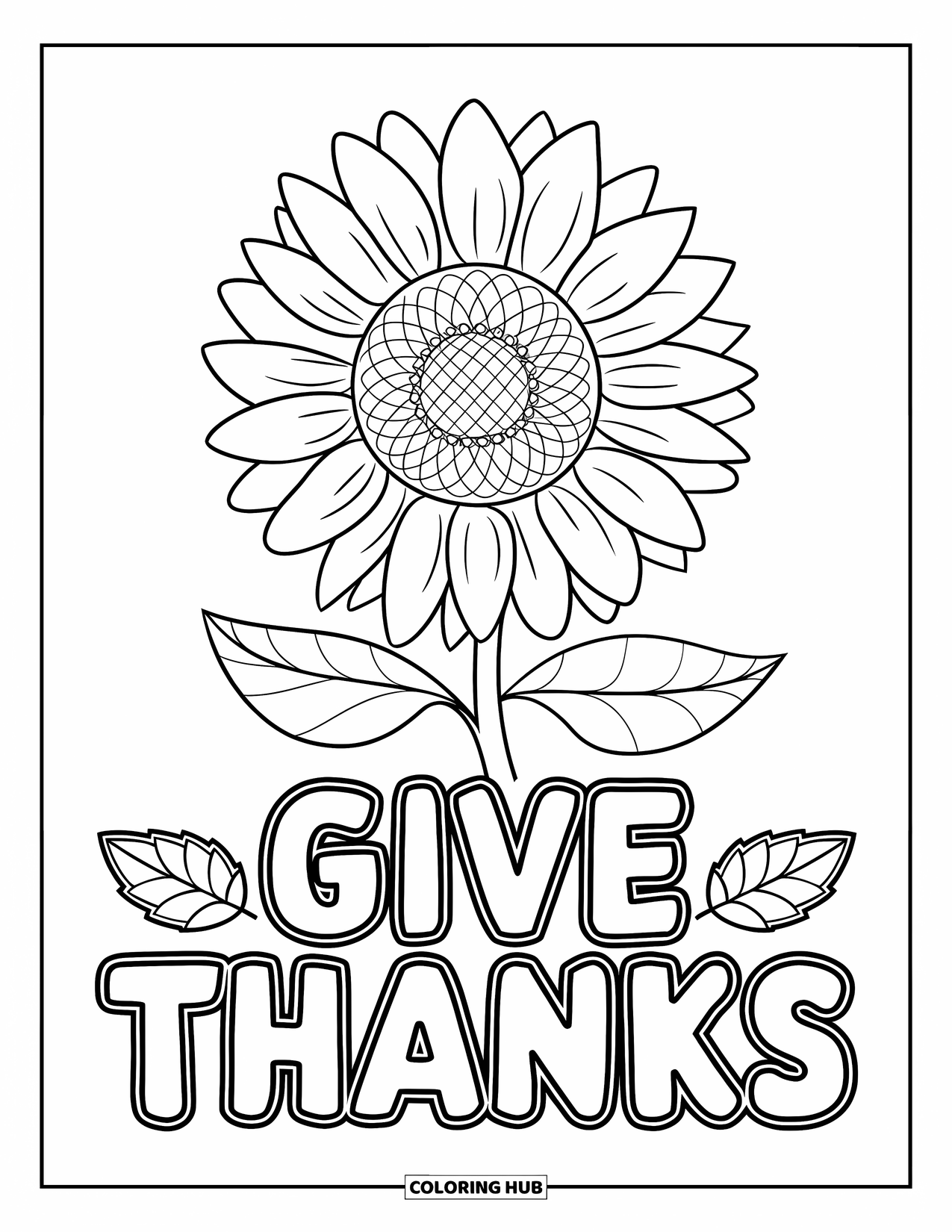 Happy Thanksgiving Coloring Page for Kids: Centered sunflower with "Give Thanks" and simple leaves