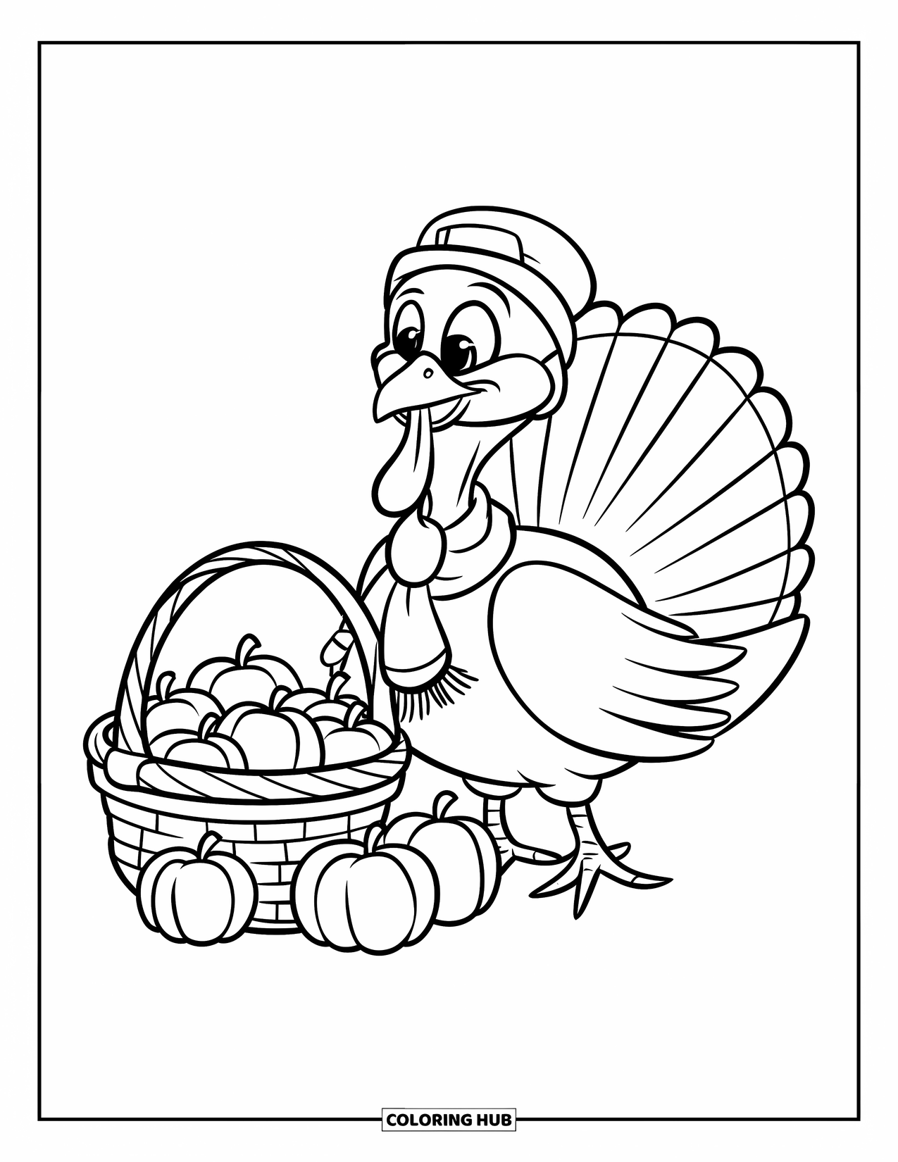 Happy Thanksgiving Coloring Page for Kids: Cute turkey in fall clothes beside apples and pumpkins on the ground