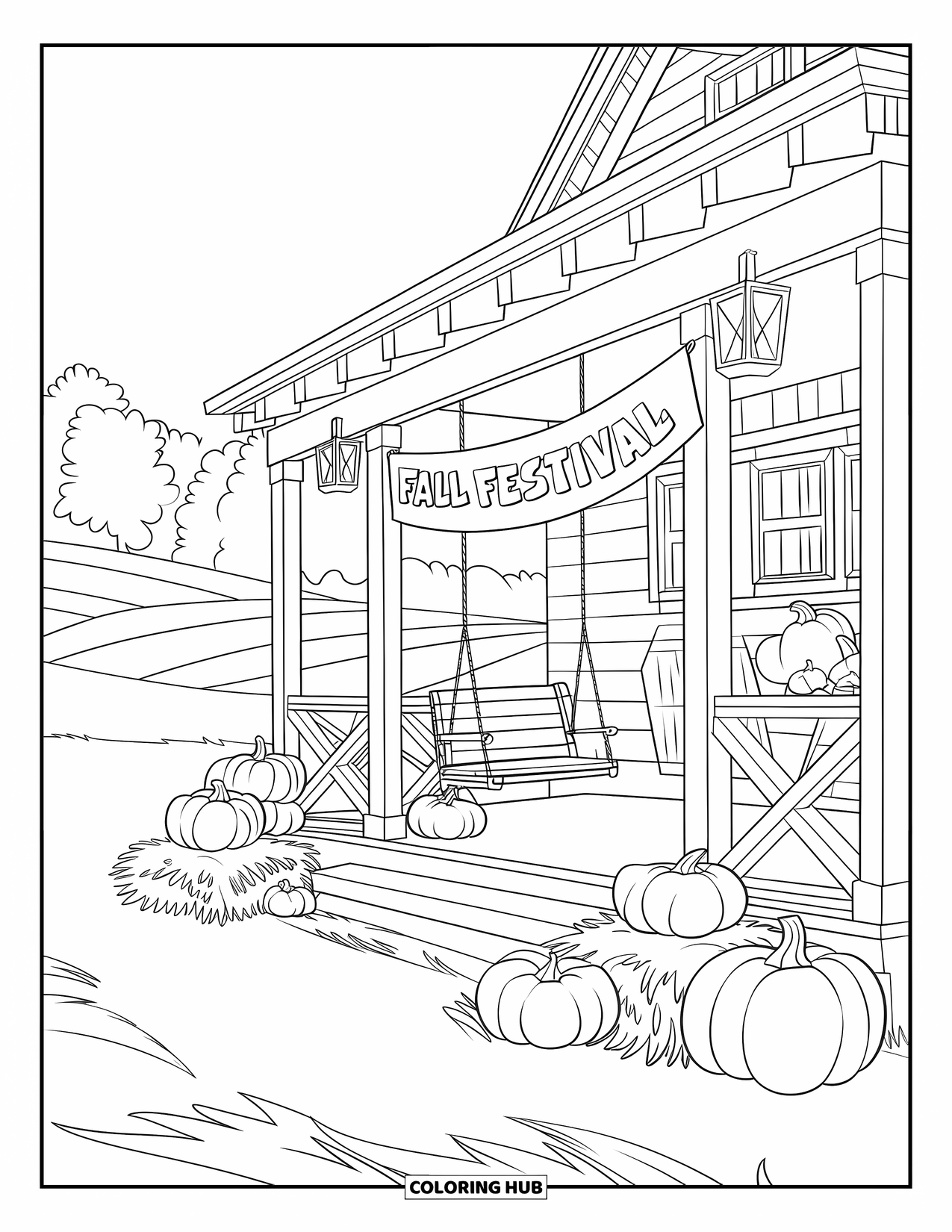 Happy Thanksgiving Coloring Page for Kids: Fall-decorated porch with lanterns, pumpkins, hay bales, and a "Fall Festival" banner