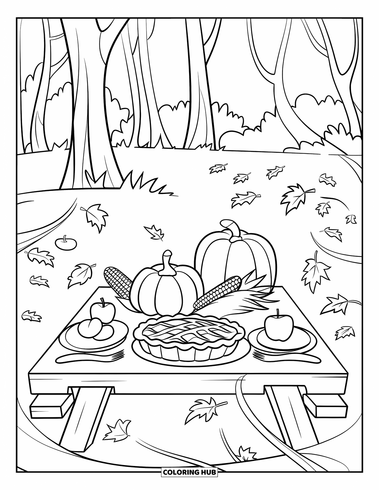 Happy Thanksgiving Coloring Page for Kids: Fall picnic table with pie, apples, and corn surrounded by swirling leaves