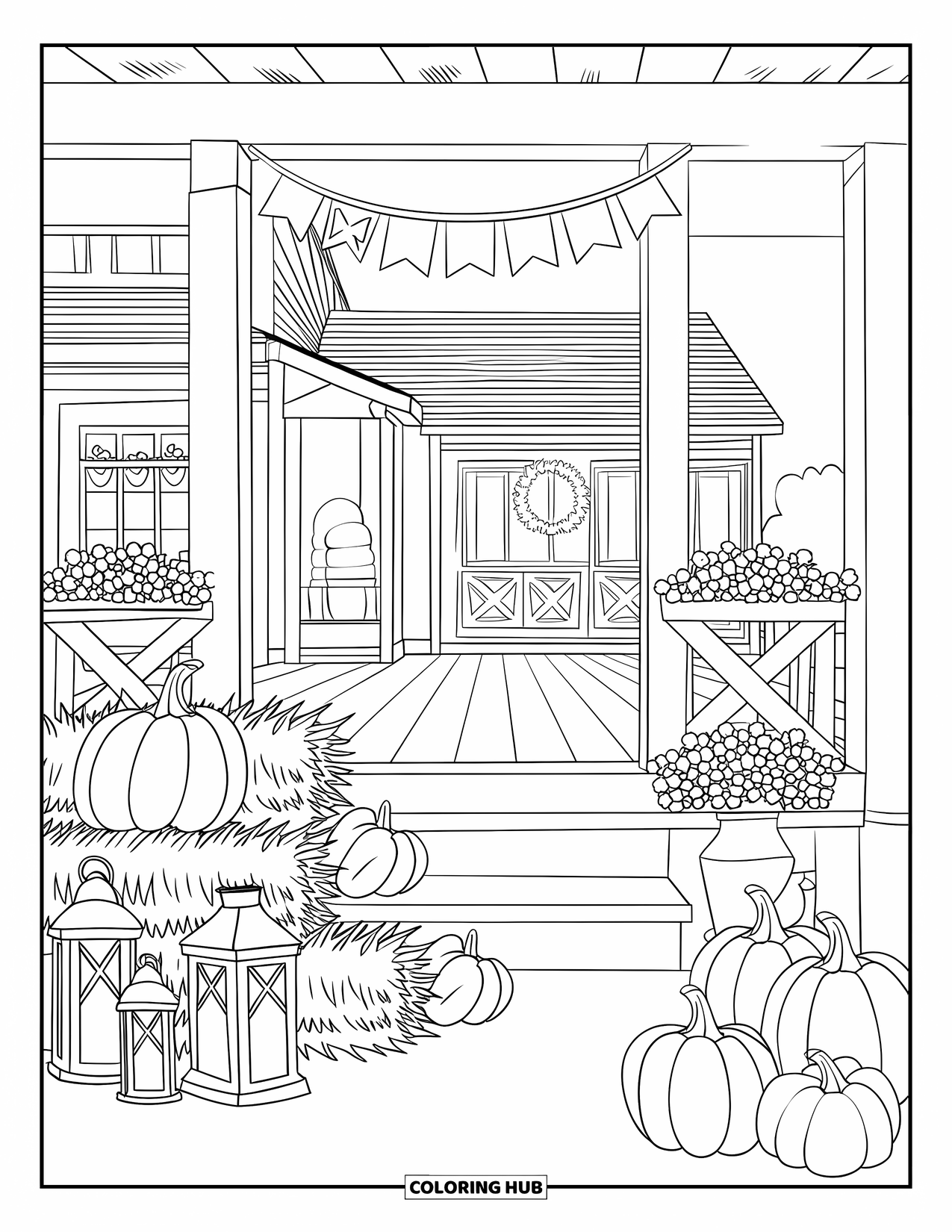 Happy Thanksgiving Coloring Page for Kids: Farmhouse porch with lanterns, hay bales, pumpkins, and a welcome banner