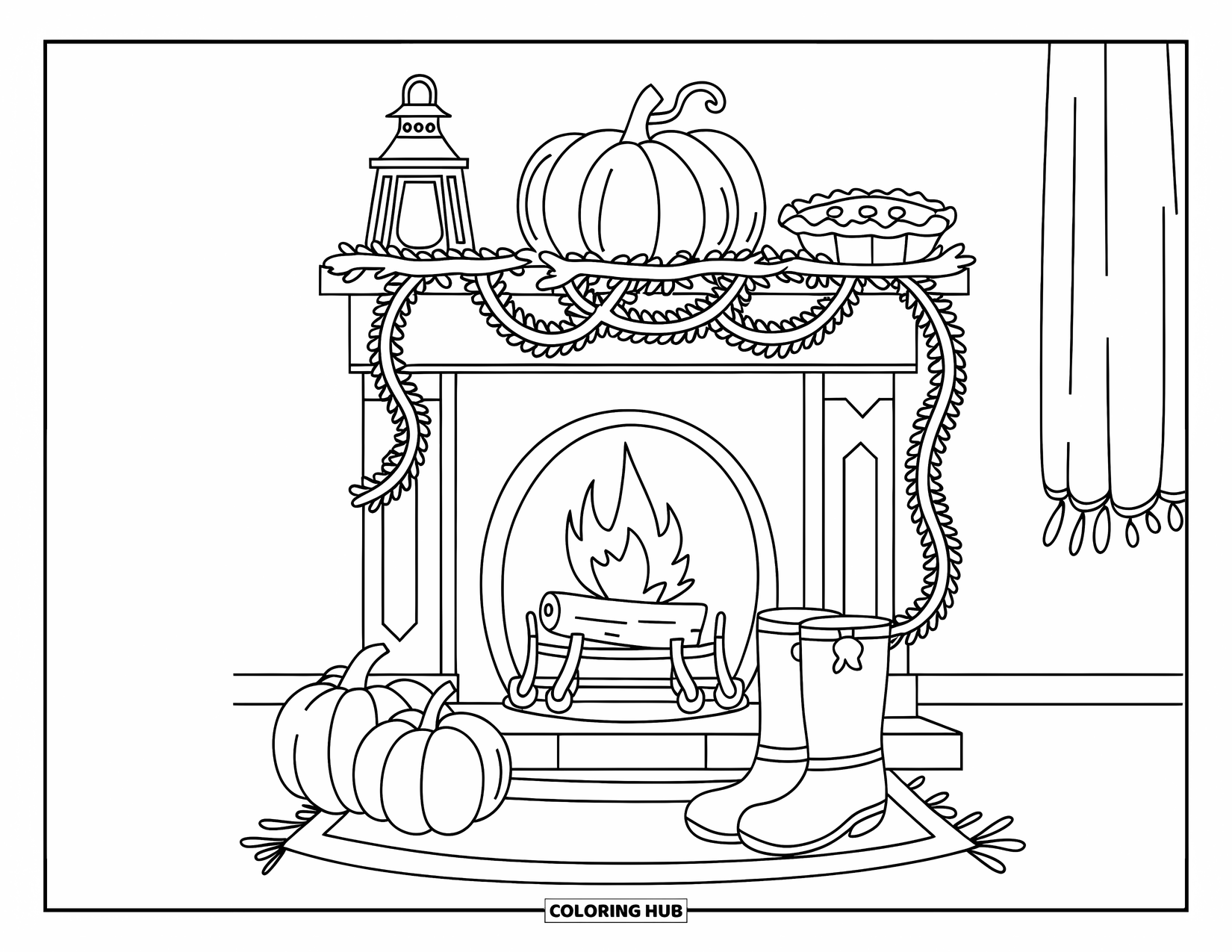 Happy Thanksgiving Coloring Page for Kids: Fireplace with fall garlands, pies, boots, and a lantern in a warm, cozy room