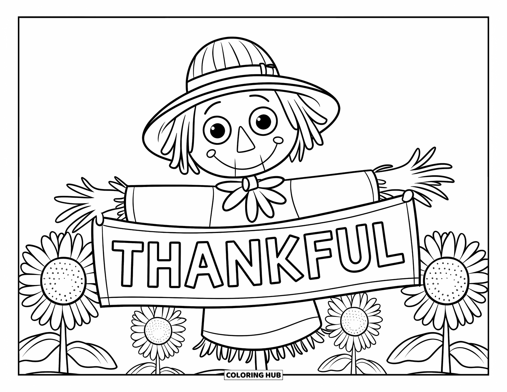 Happy Thanksgiving Coloring Page for Kids: Happy scarecrow in a sunflower field holds a "Thankful" banner