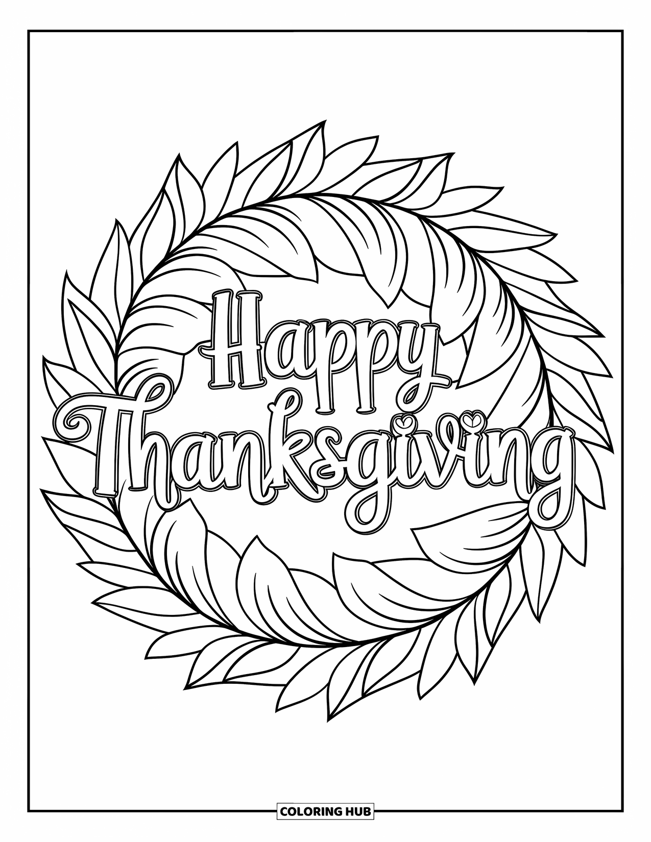 Happy Thanksgiving Coloring Page for Kids: Leaf mandala with the words "Happy Thanksgiving" in the center