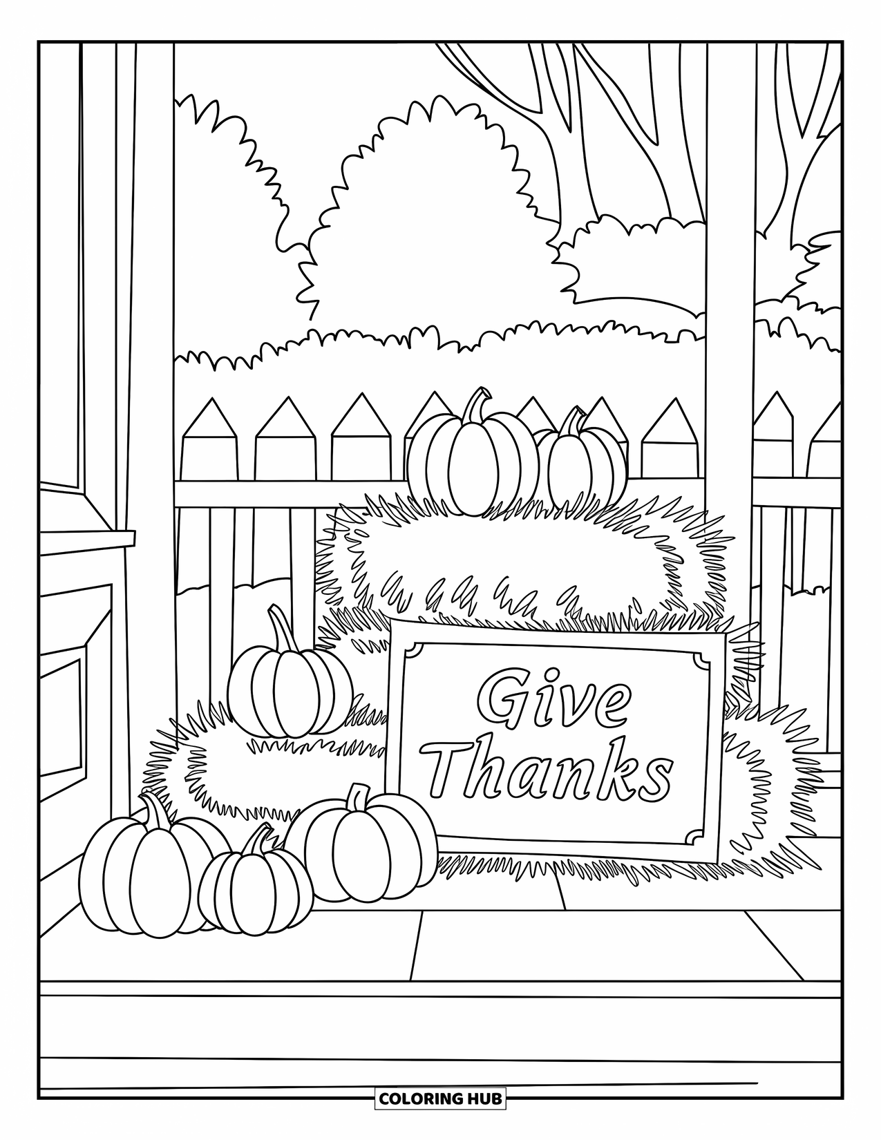 Happy Thanksgiving Coloring Page for Kids: Porch with hay bales, pumpkins, and a festive "Give Thanks" sign