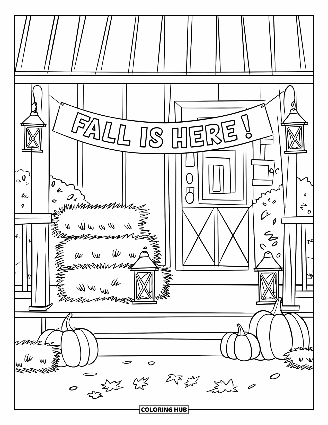 Happy Thanksgiving Coloring Page for Kids: Pumpkins, hay bales, and trees surround a porch with a "Fall is Here" banner