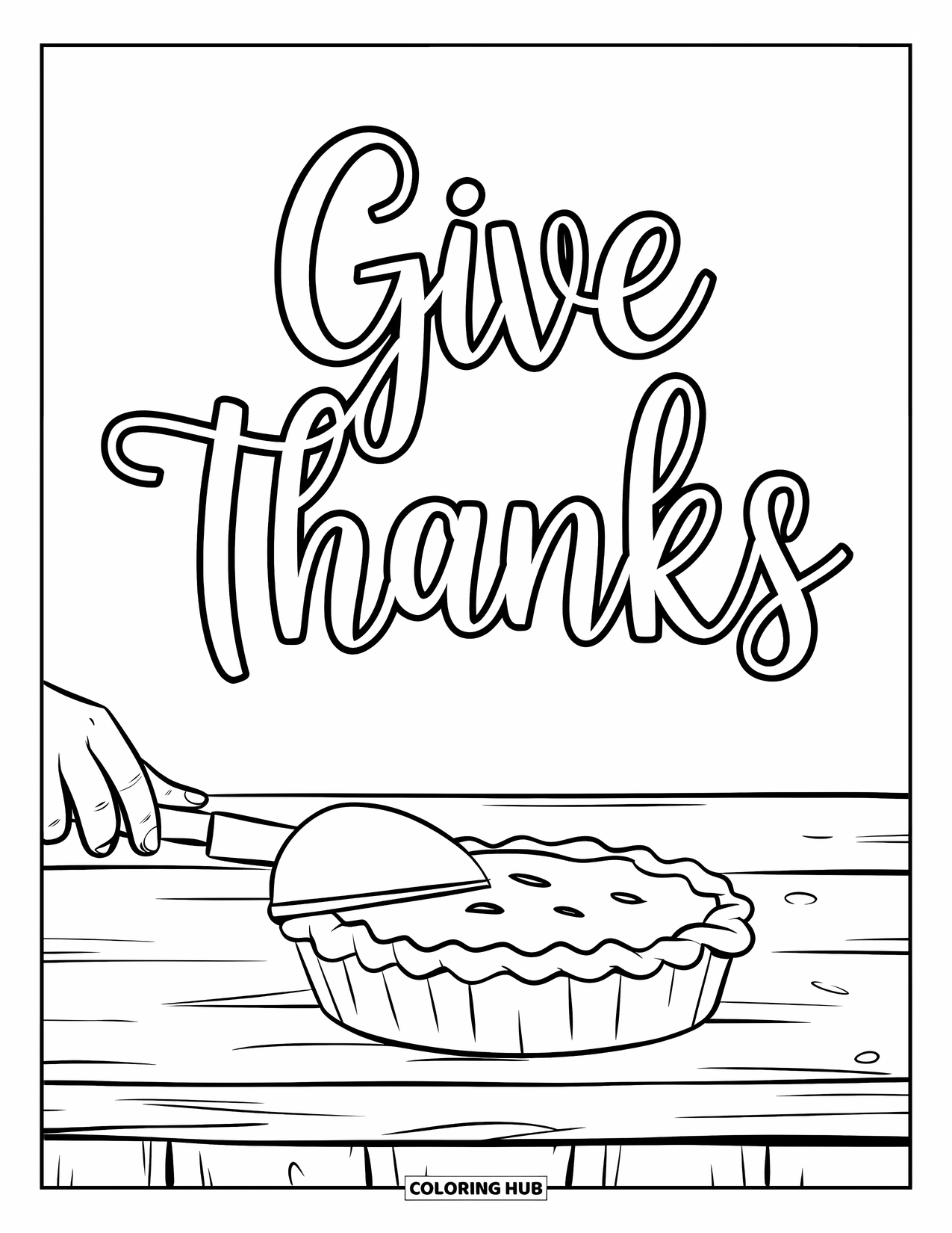 Happy Thanksgiving Coloring Page for Kids: Rustic kitchen with a pie being sliced and a "Give Thanks" sign on the wall