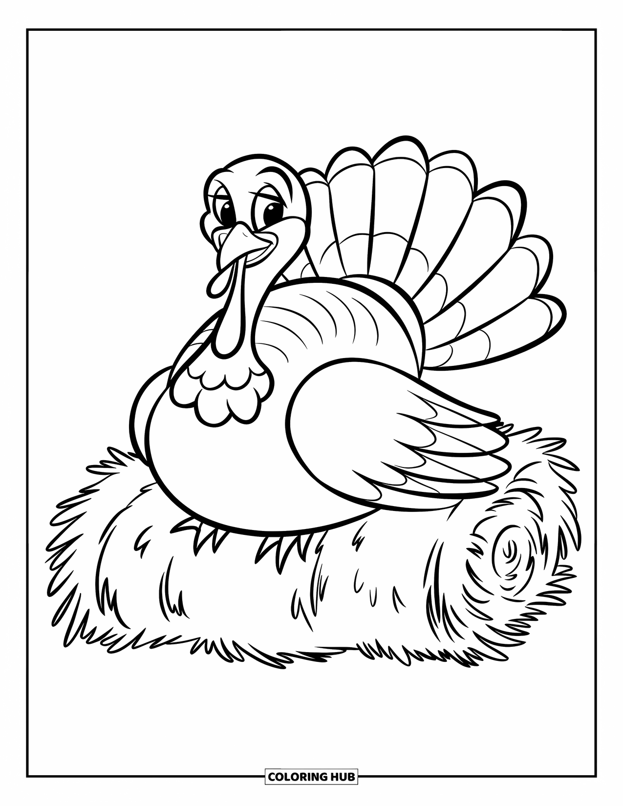 Happy Thanksgiving Coloring Page for Kids: Smiling turkey sits on a hay bale with neat feathers and no background