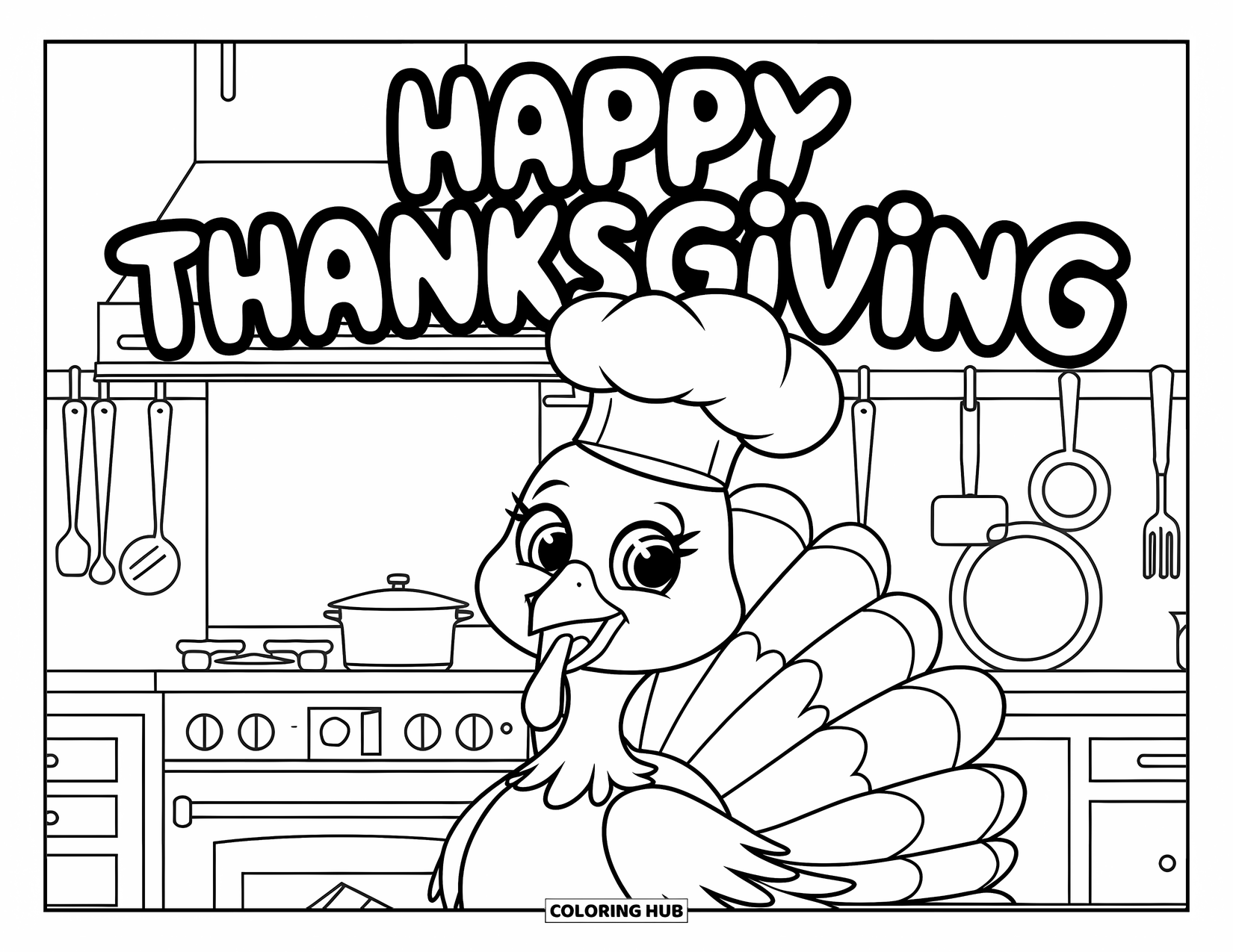 Happy Thanksgiving Coloring Page for Kids: Turkey in chef hat stands in kitchen under a "Happy Thanksgiving" banner