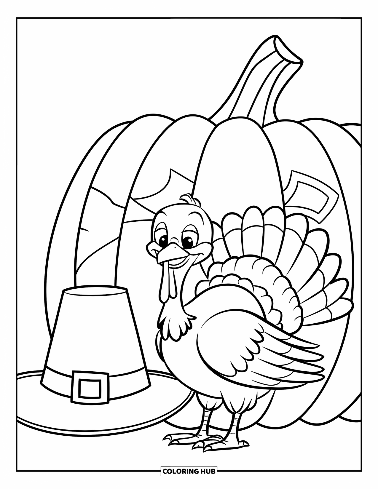 Happy Thanksgiving Coloring Page for Kids: Turkey with pilgrim hat and pumpkin, perfect for a festive fall scene