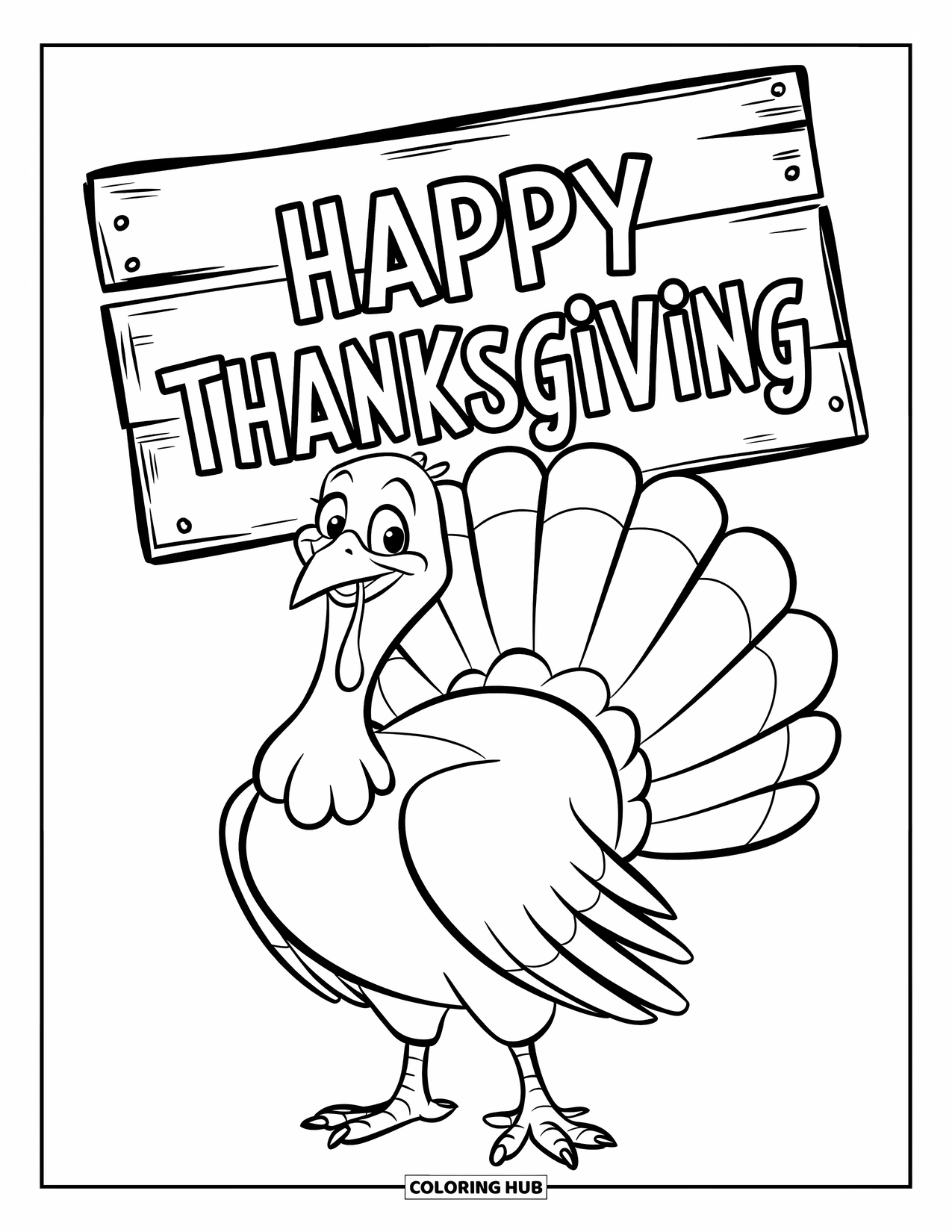 Happy Thanksgiving Coloring Page for Kids: Turkey with spread feathers stands in front of a "Happy Thanksgiving" sign