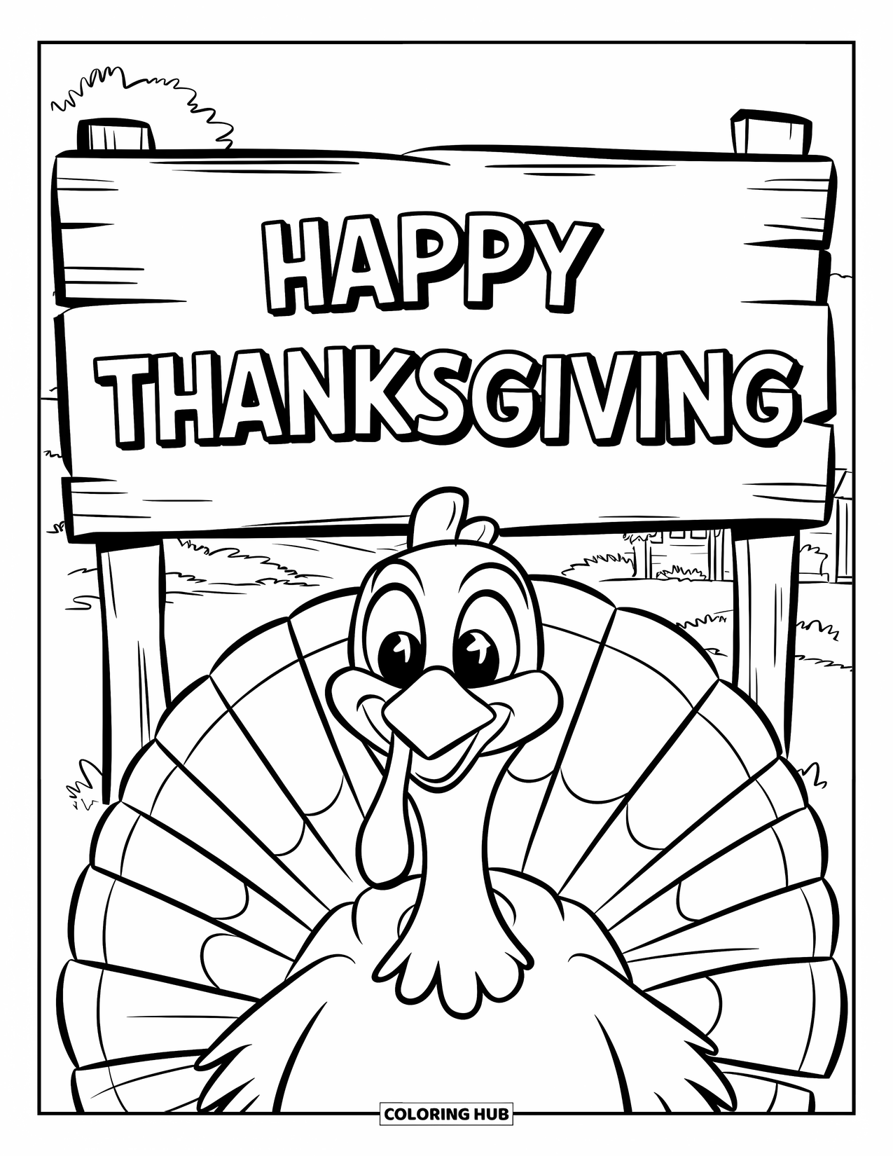 Happy Thanksgiving Coloring Page for Kids: Turkey with wide feathers beside a "Happy Thanksgiving" sign and trees