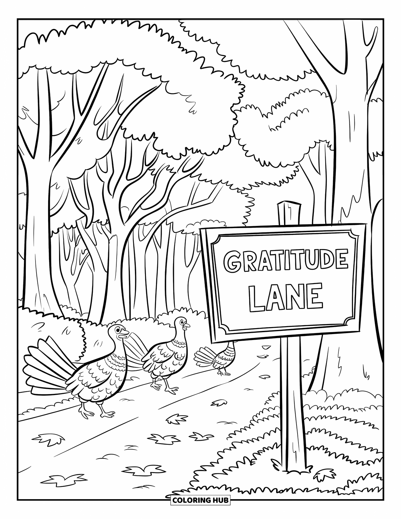 Happy Thanksgiving Coloring Page for Kids: Turkeys on a leaf-covered trail with a "Gratitude Lane" sign and fall forest