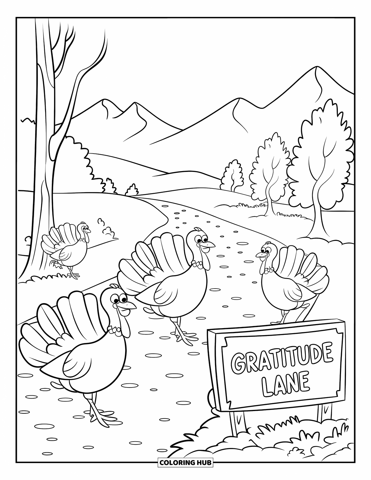 Happy Thanksgiving Coloring Page for Kids: Turkeys on a trail with a "Gratitude Lane" sign and mountain scenery