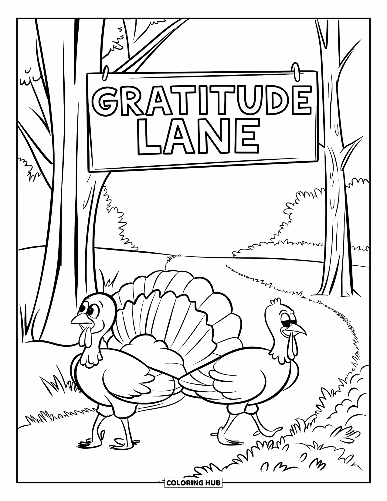 Happy Thanksgiving Coloring Page for Kids: Turkeys walking on a fall trail beside a "Gratitude Lane" sign and trees