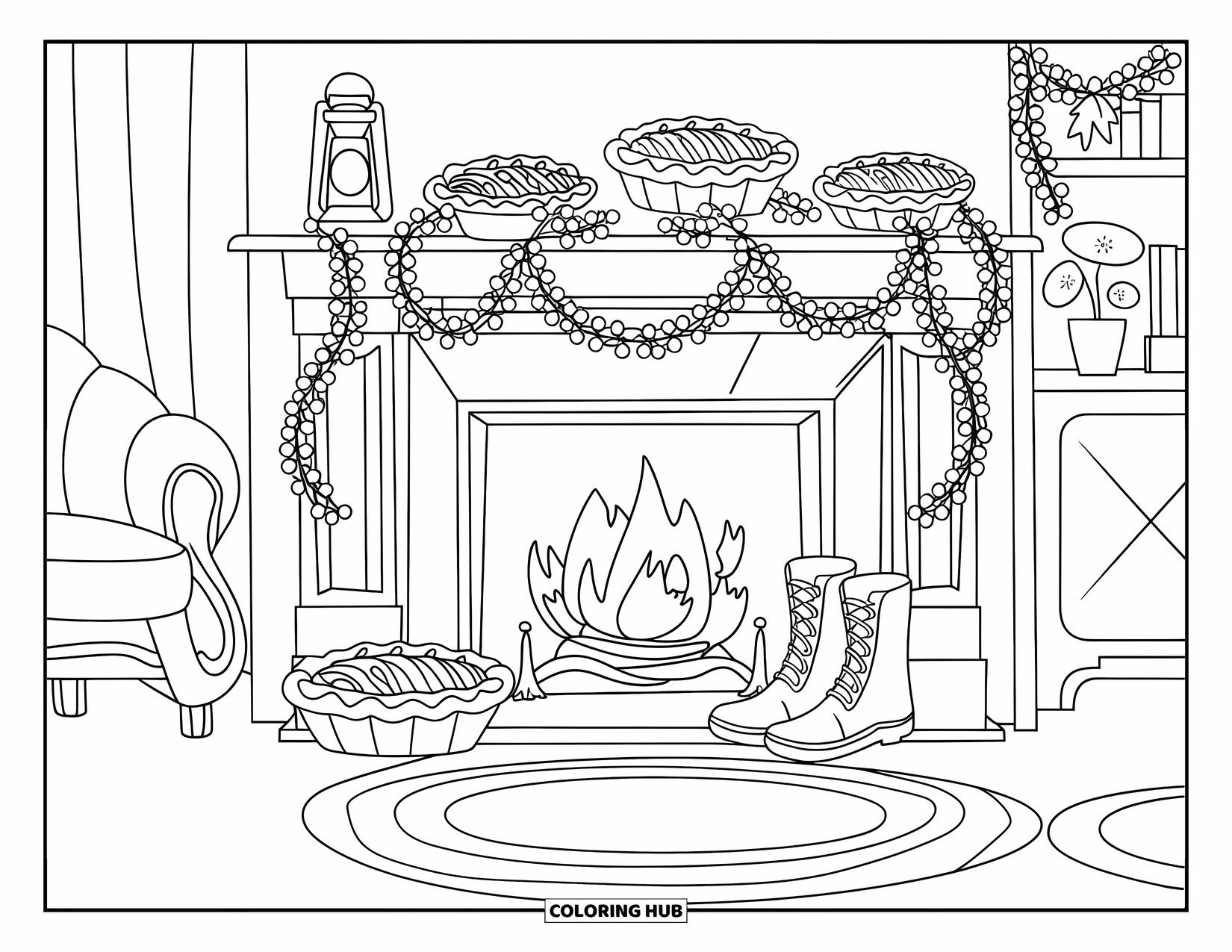 Happy Thanksgiving Coloring Page for Kids: Warm fireplace with fall pies, boots, a chair, and cozy room decorations