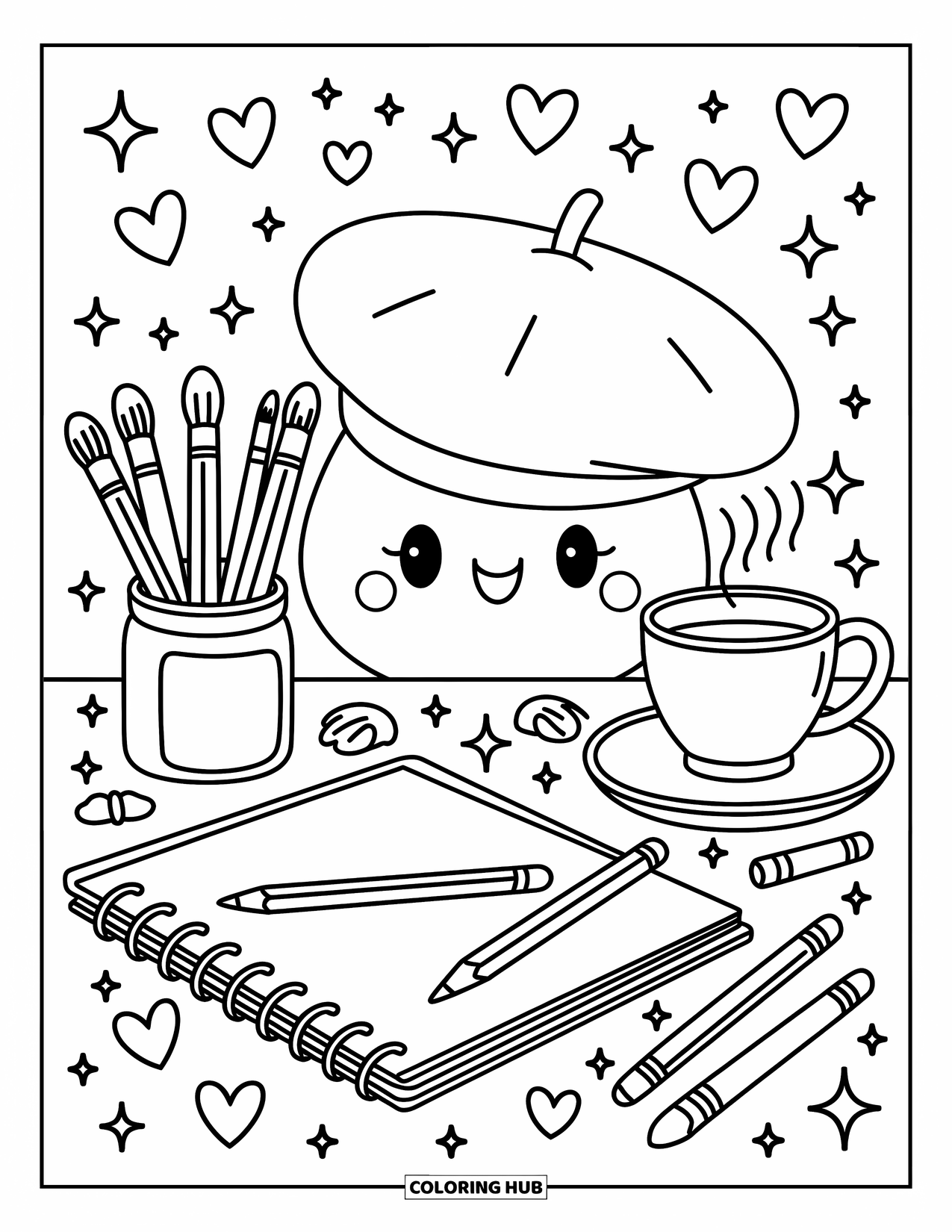 Hat Coloring Page for Adults: Artist's corner with a beret, tea, hearts, and kawaii swirls