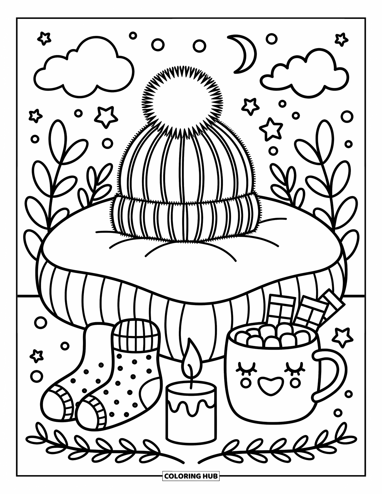 Hat Coloring Page for Adults: Beanie with marshmallows, cozy socks, and dreamy cloud doodles