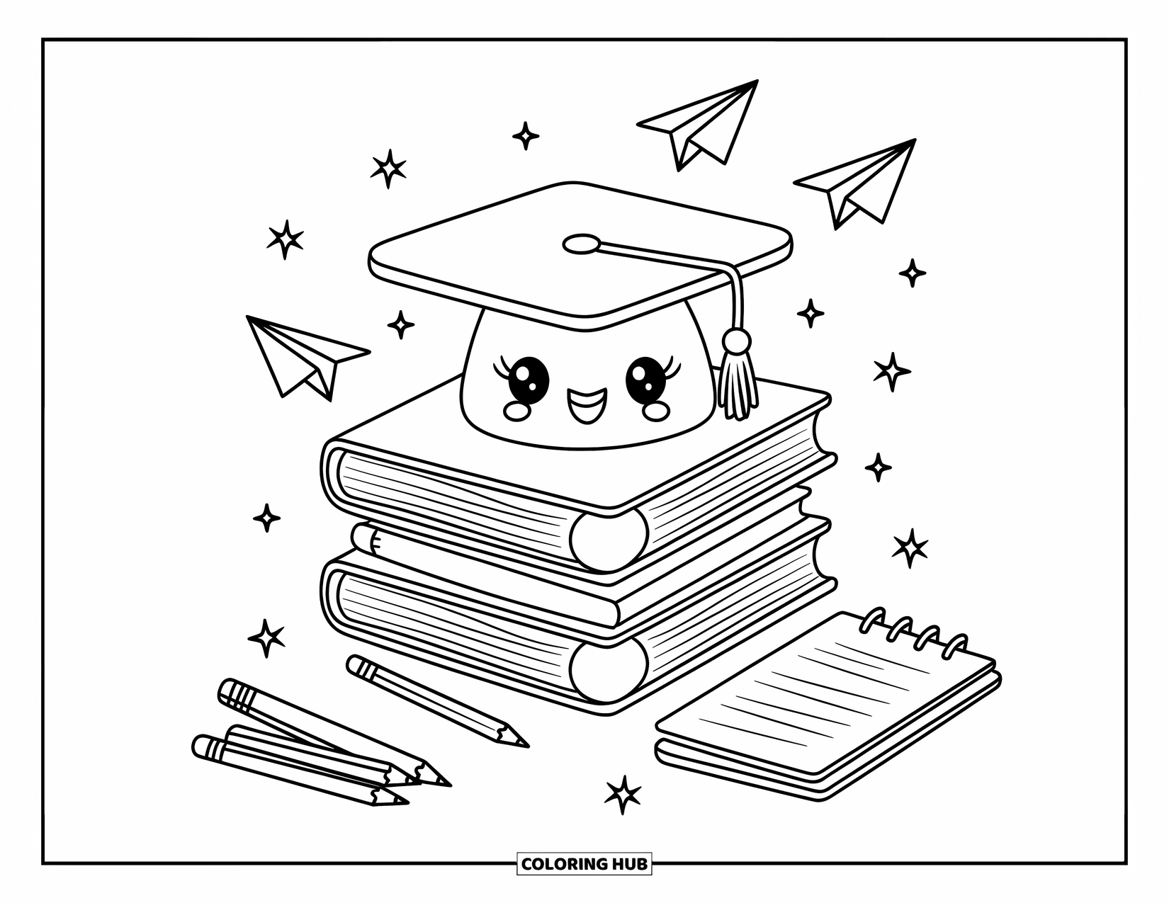 Hat Coloring Page for Adults: Cap and smiling books in a cozy classroom full of fun doodles