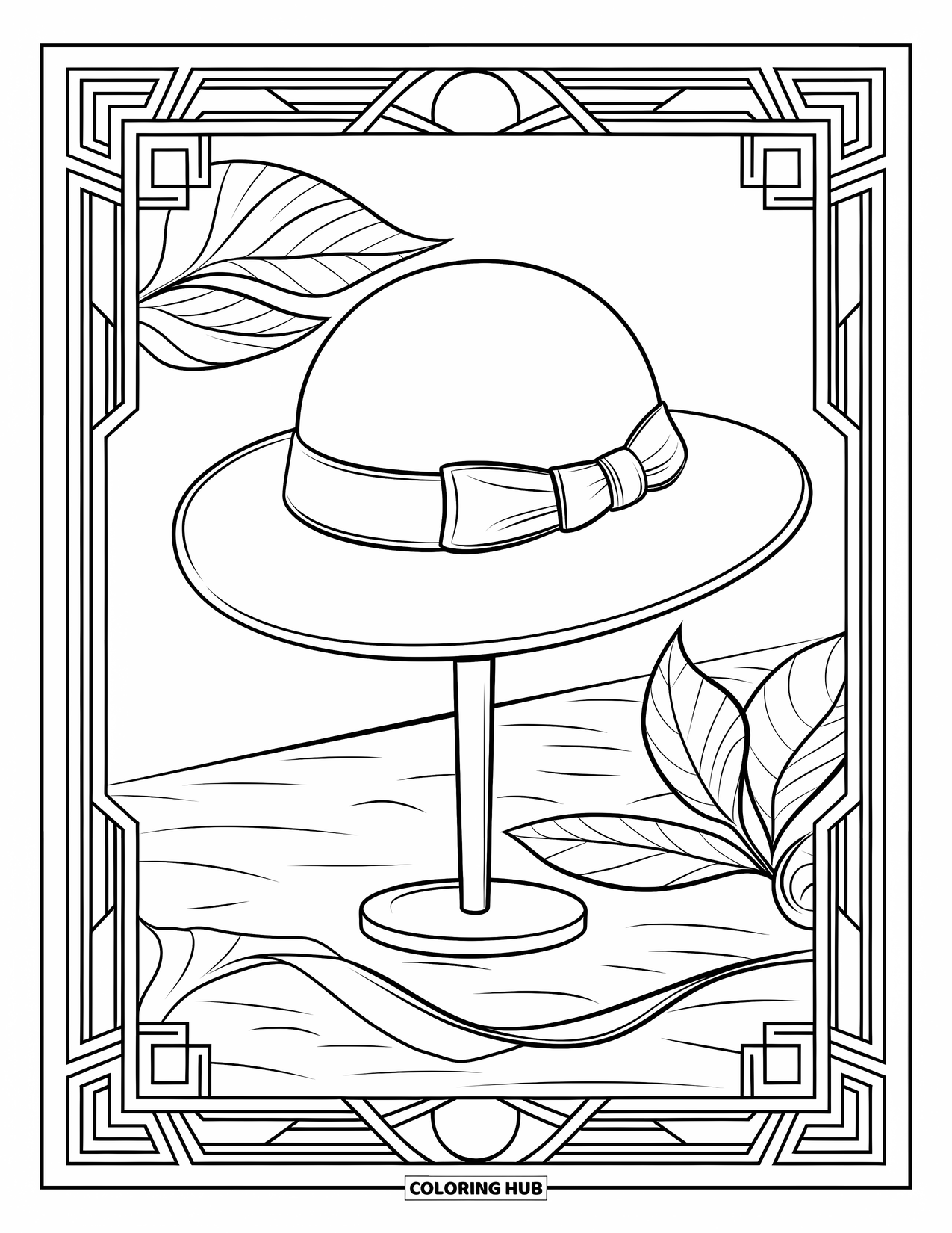 Hat Coloring Page for Adults: Cloche hat on a mannequin with leaves and ribbon in the background